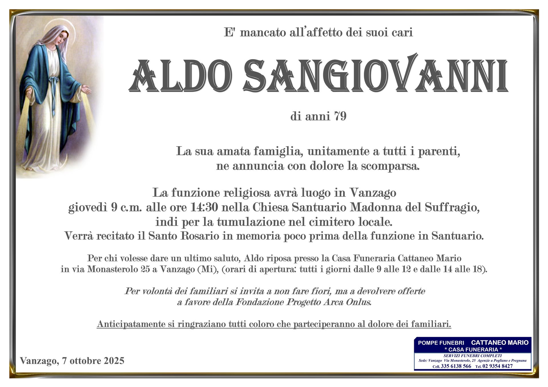 necrologio Aldo Sangiovanni