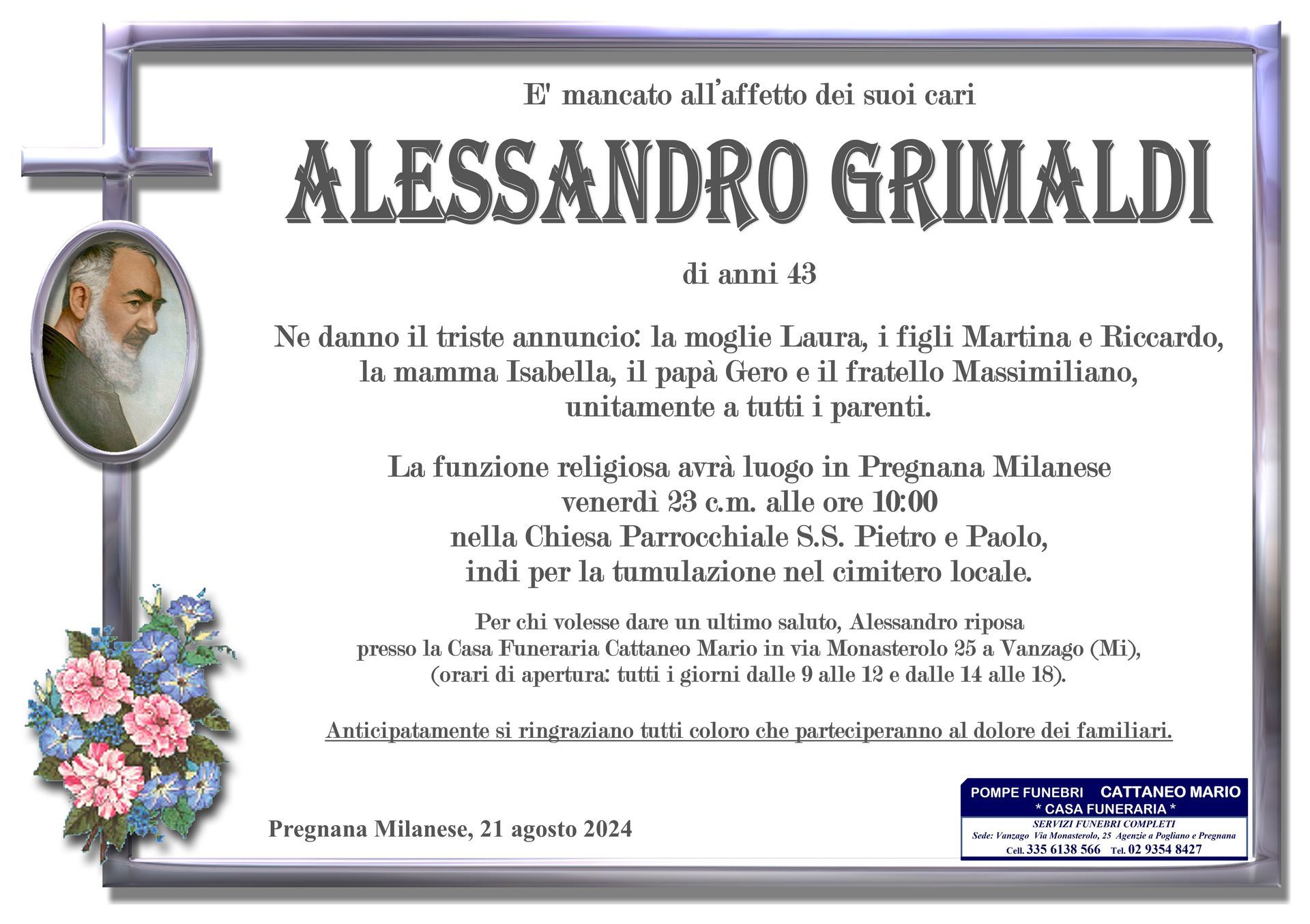 necrologio Alessandro Grimaldi