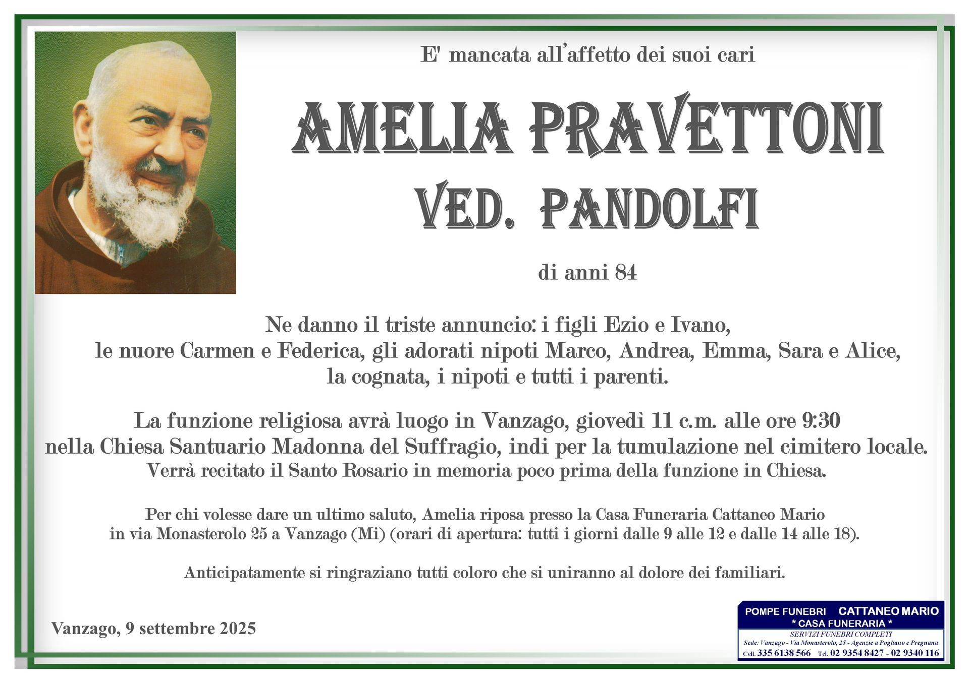 necrologio Amelia Pravettoni