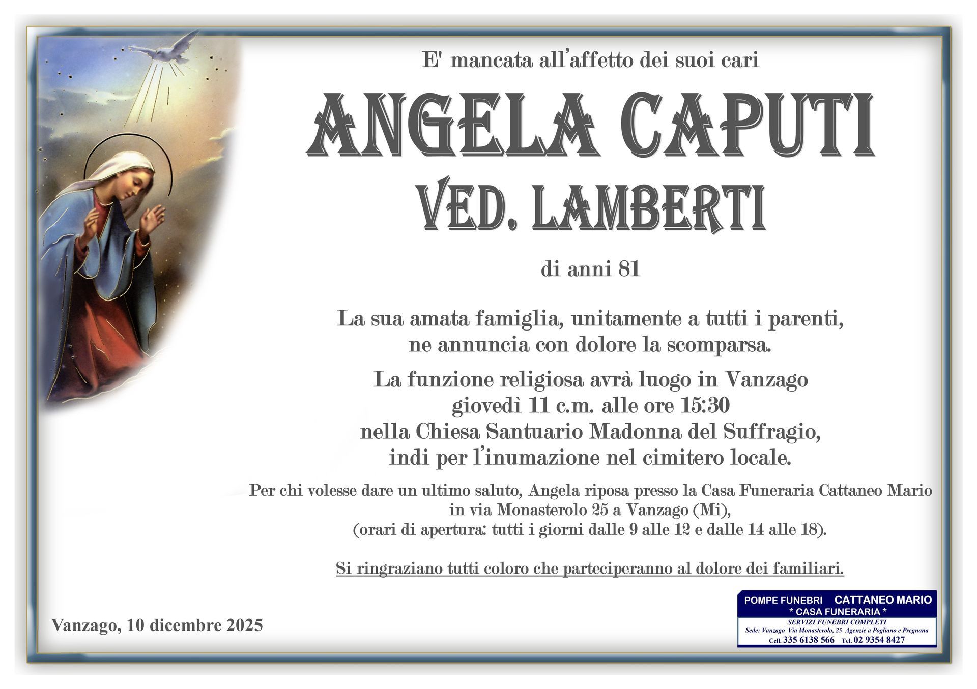 necrologio Angela Caputi