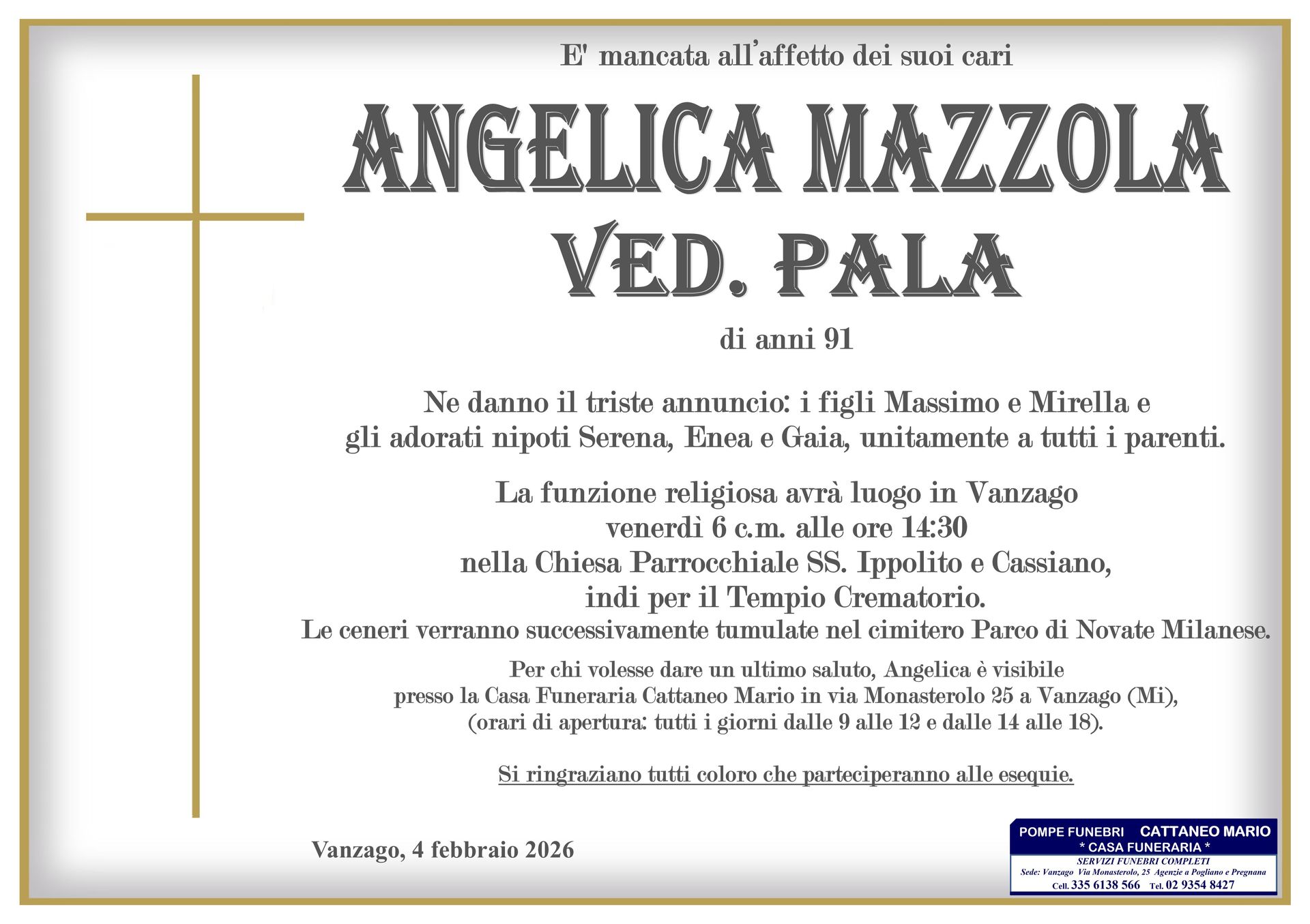 necrologio Angelica Mazzola