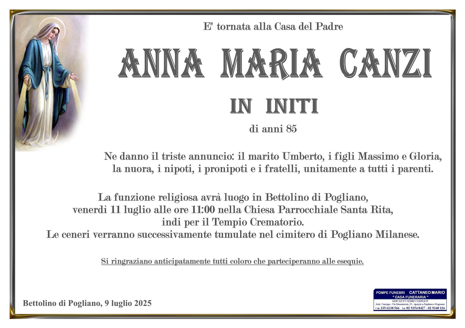 necrologio Anna  Maria Canzi