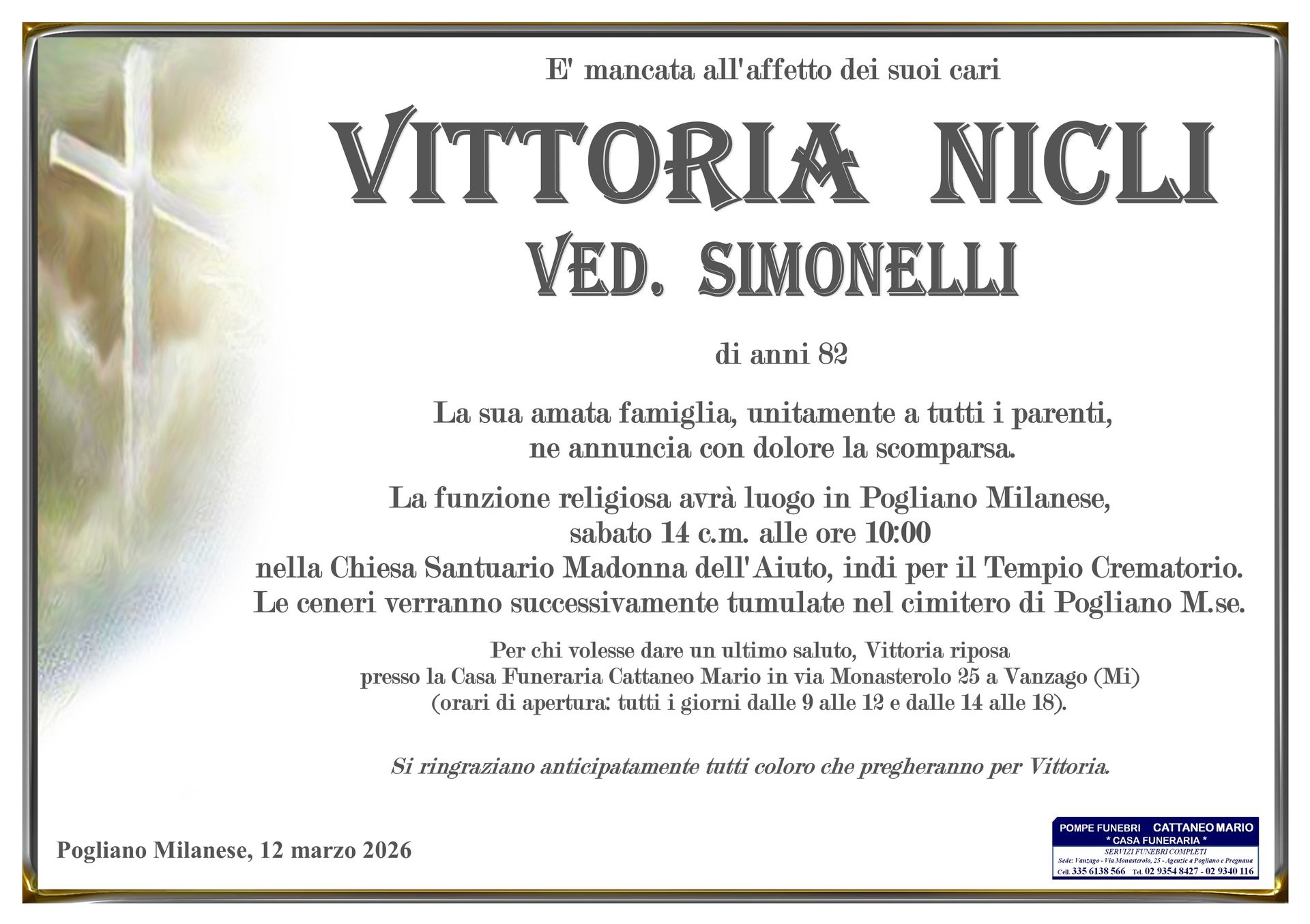 necrologio Vittoria Nicli