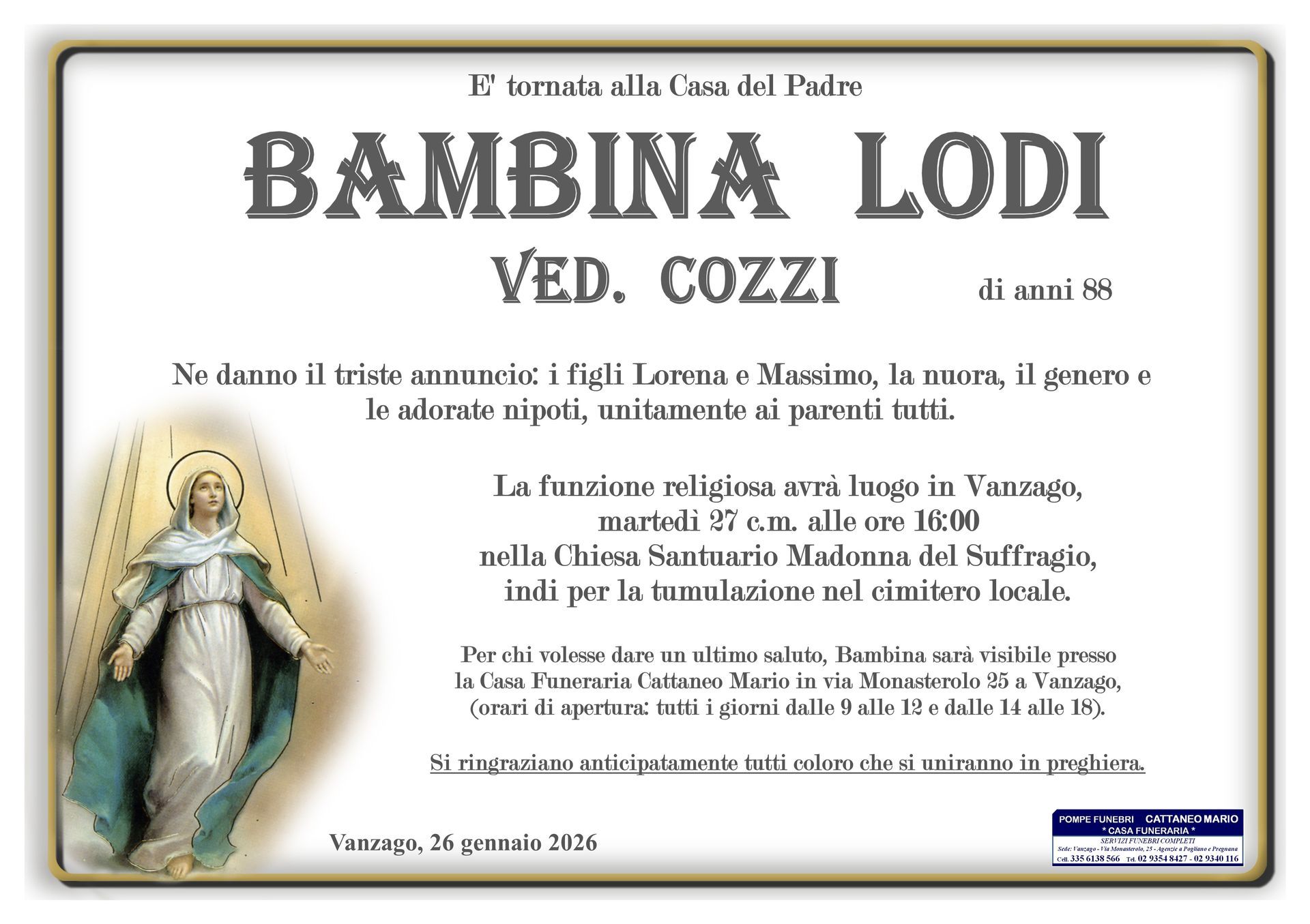necrologio Bambina Lodi