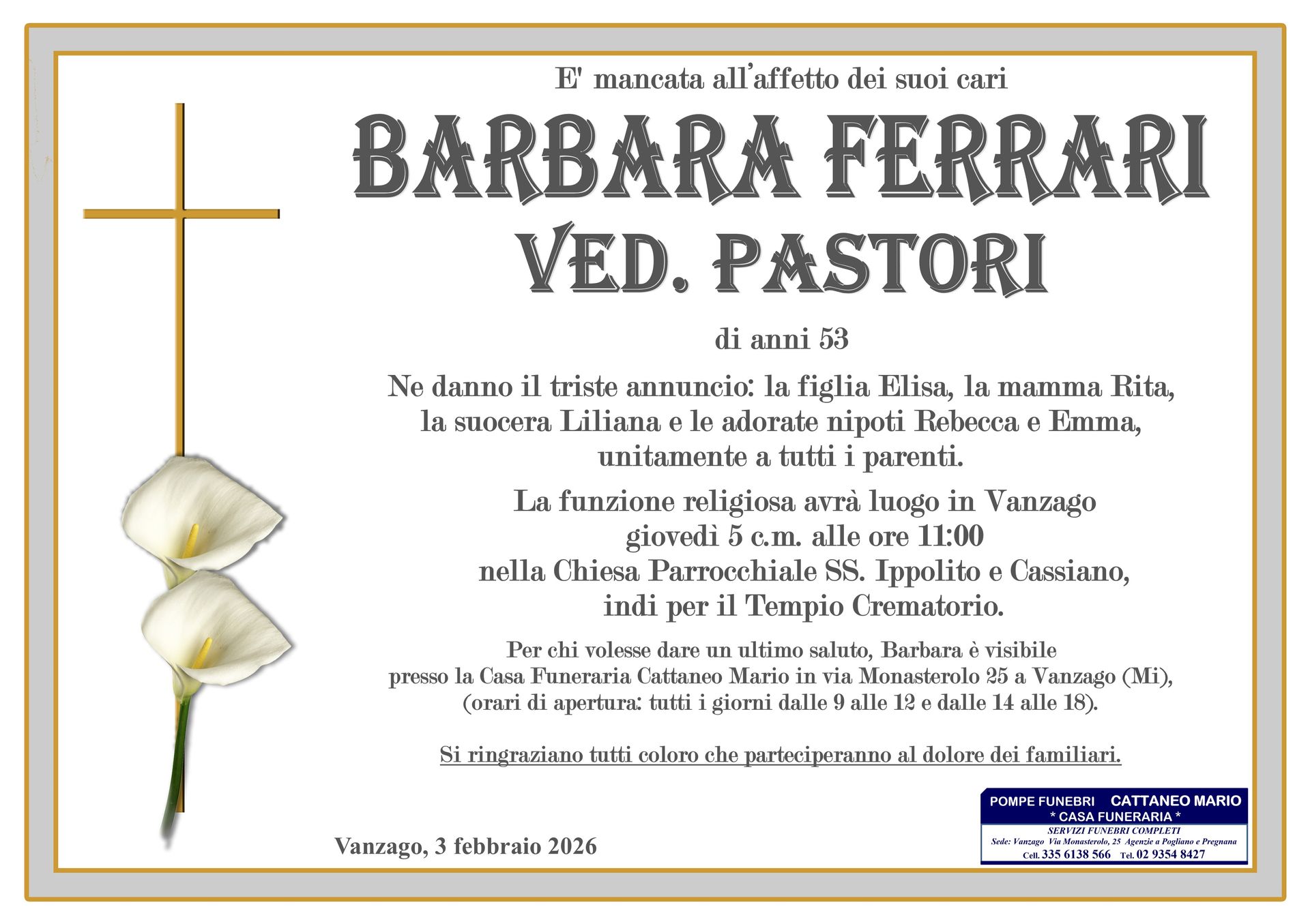 necrologio Barbara Ferrari