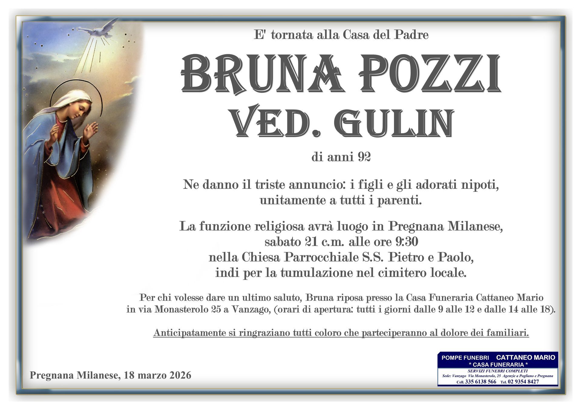 necrologio Bruna Pozzi