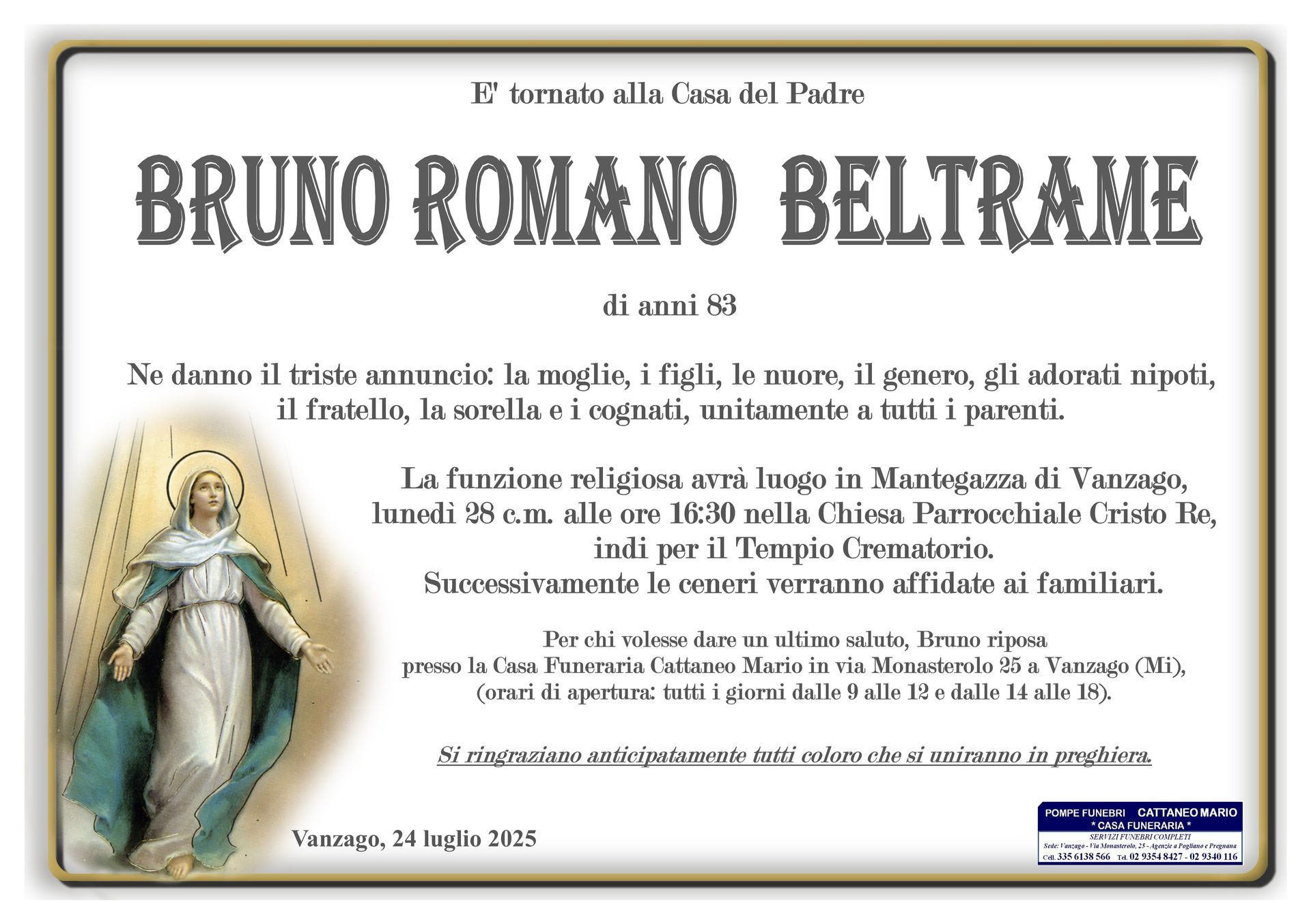 necrologio Bruno Romano Beltrame