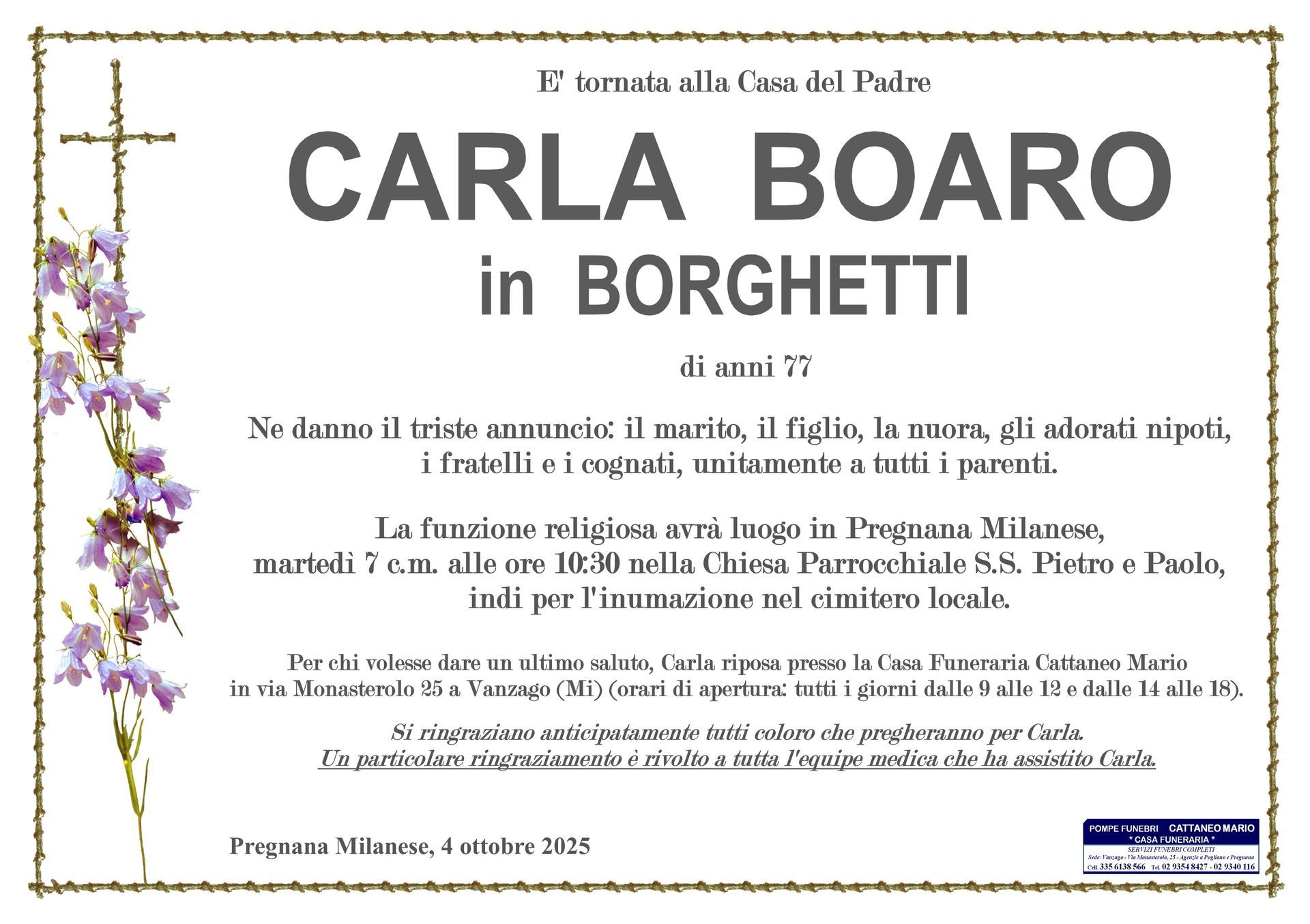 necrologio Carla Boaro