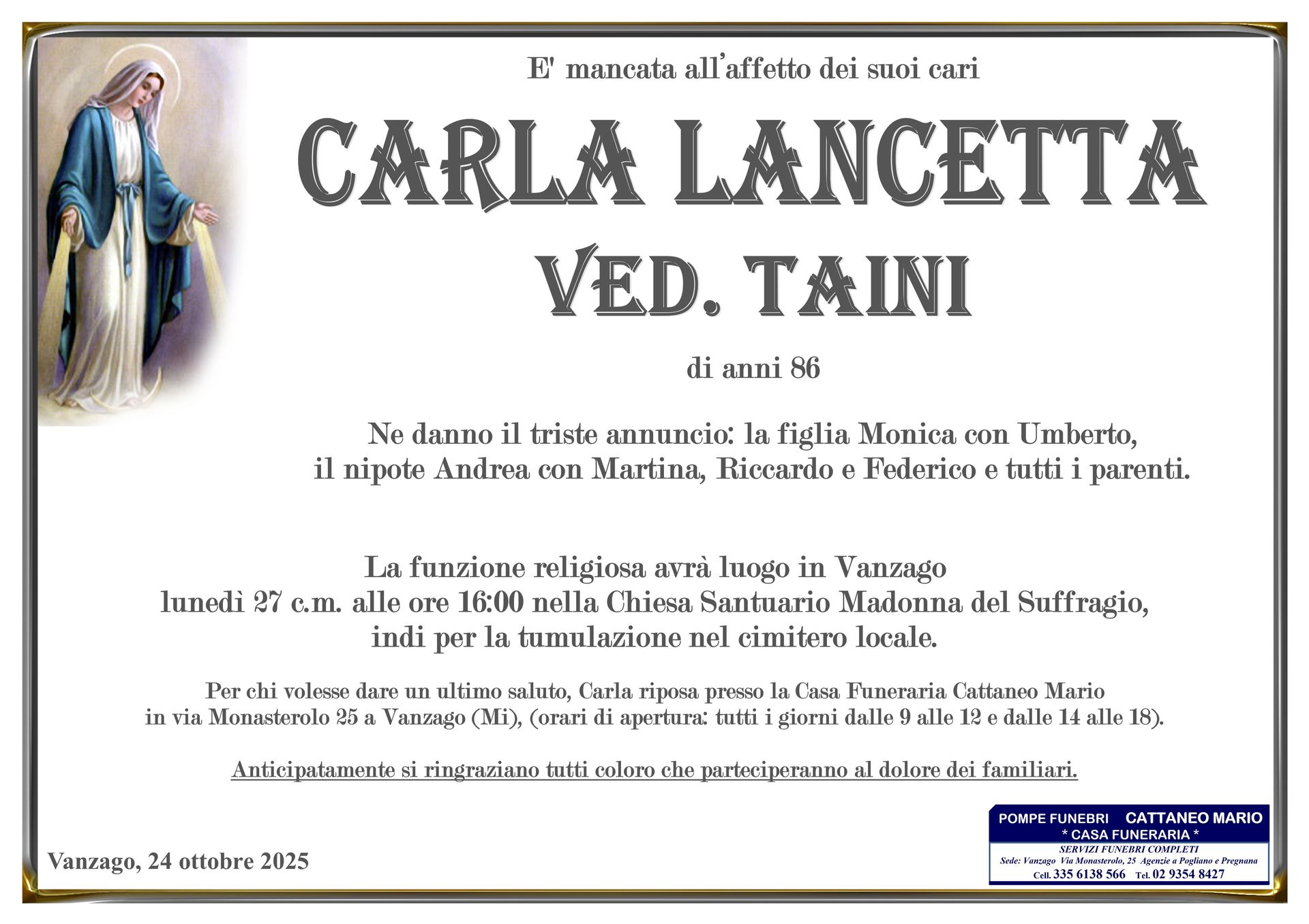 necrologio Carla Lancetta