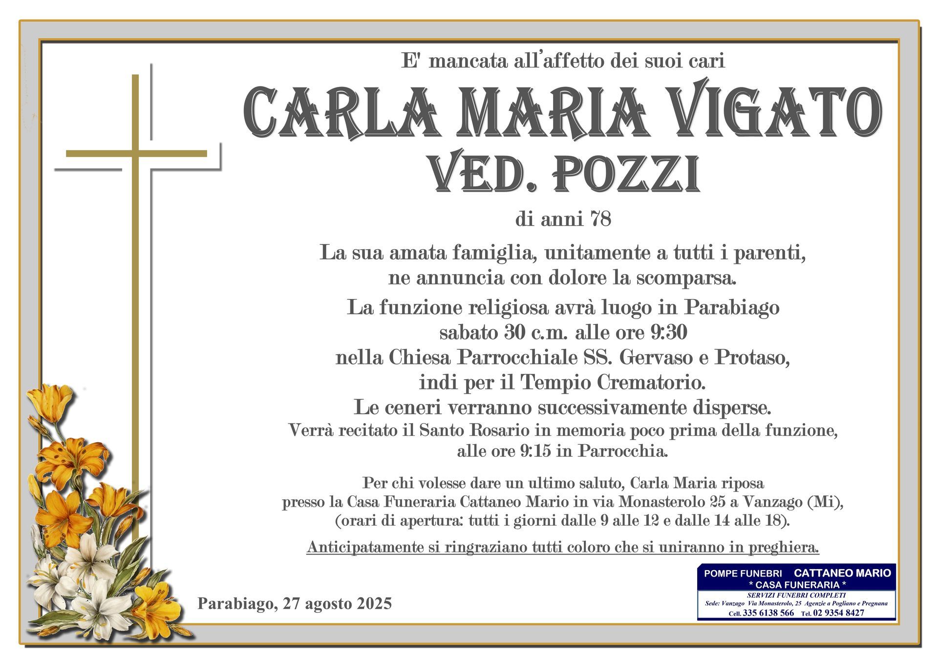 necrologio Carla Maria Vigato