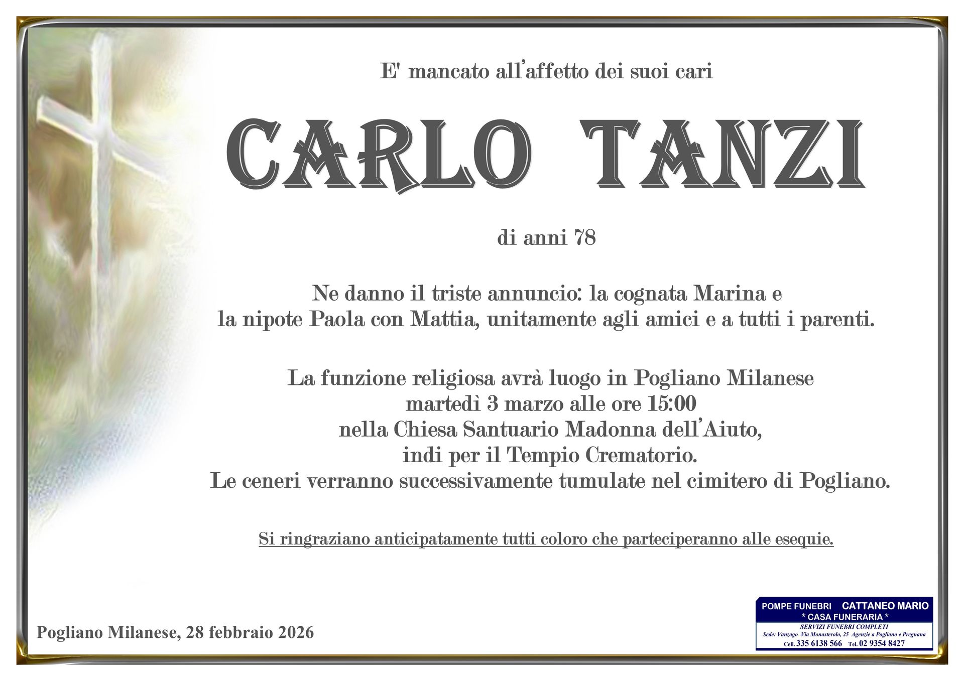 necrologio Carlo Tanzi