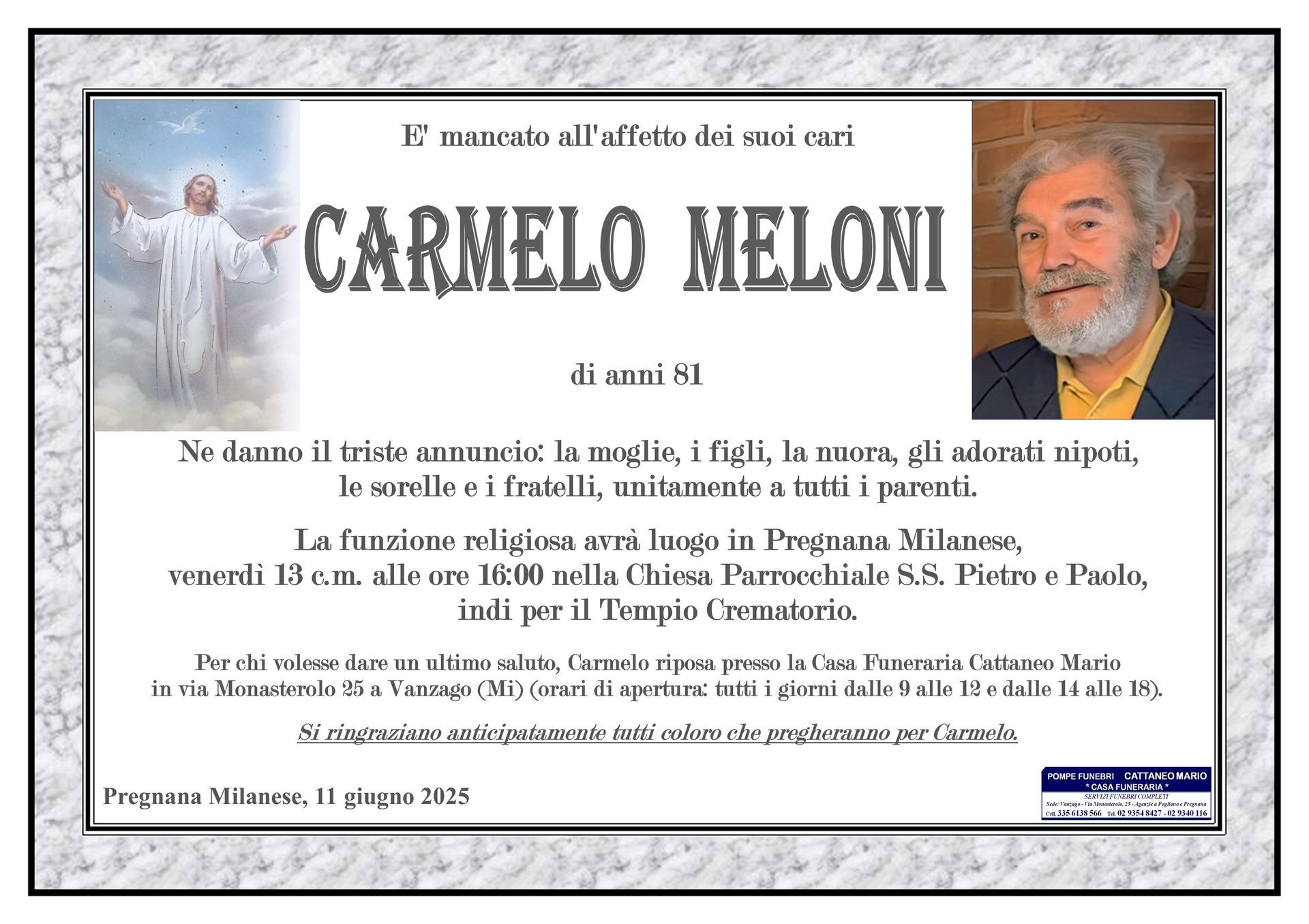 necrologio Carmelo Meloni