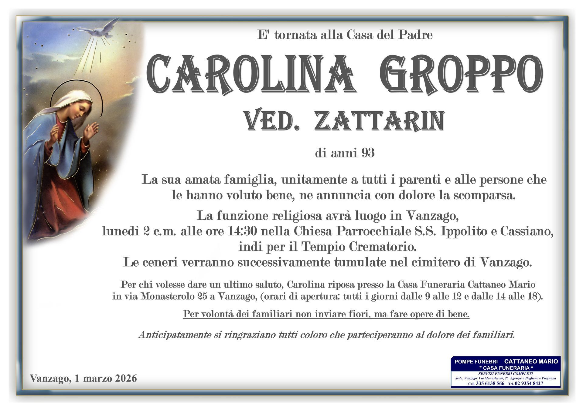 necrologio Carolina Groppo