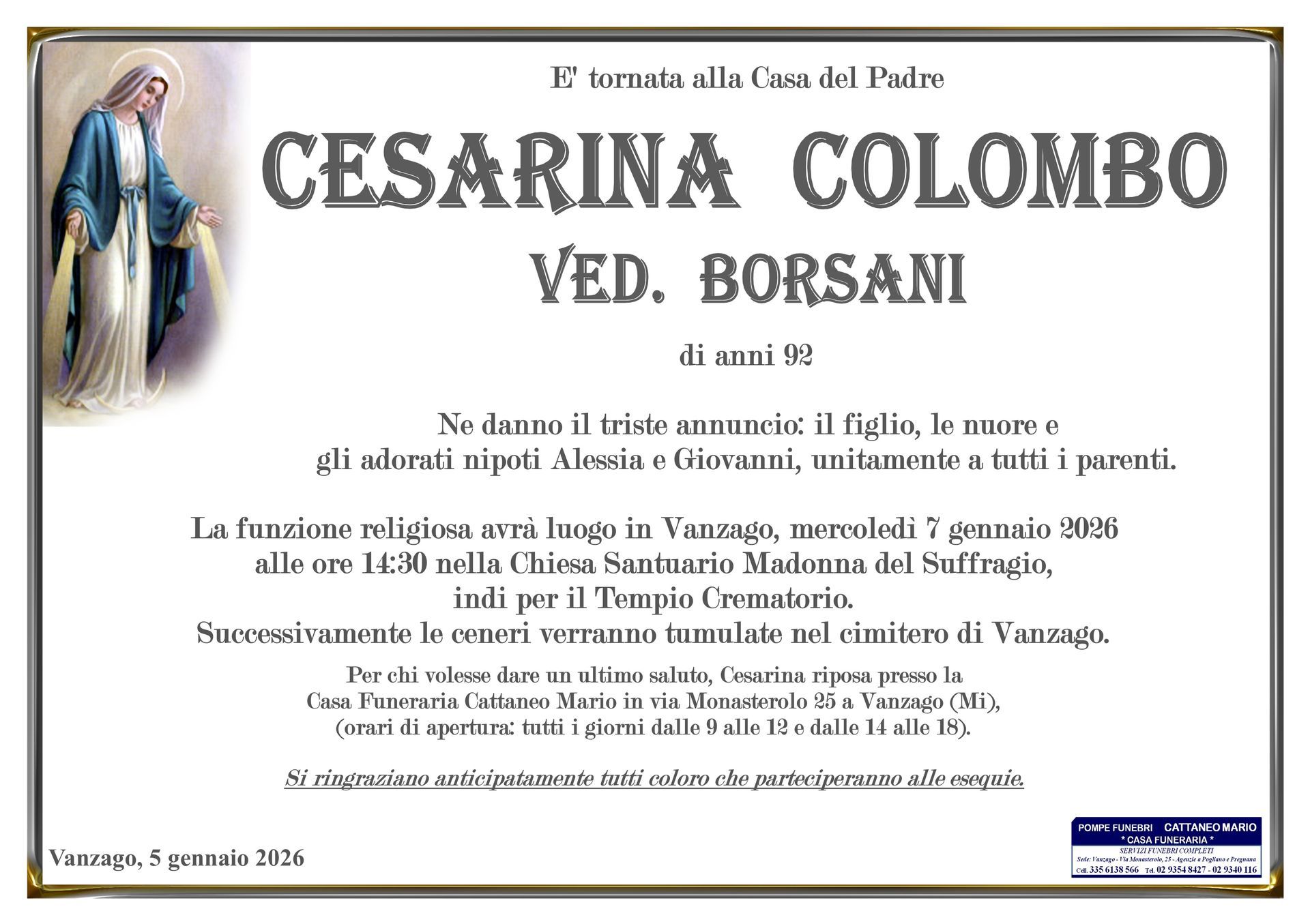 necrologio Cesarina Colombo