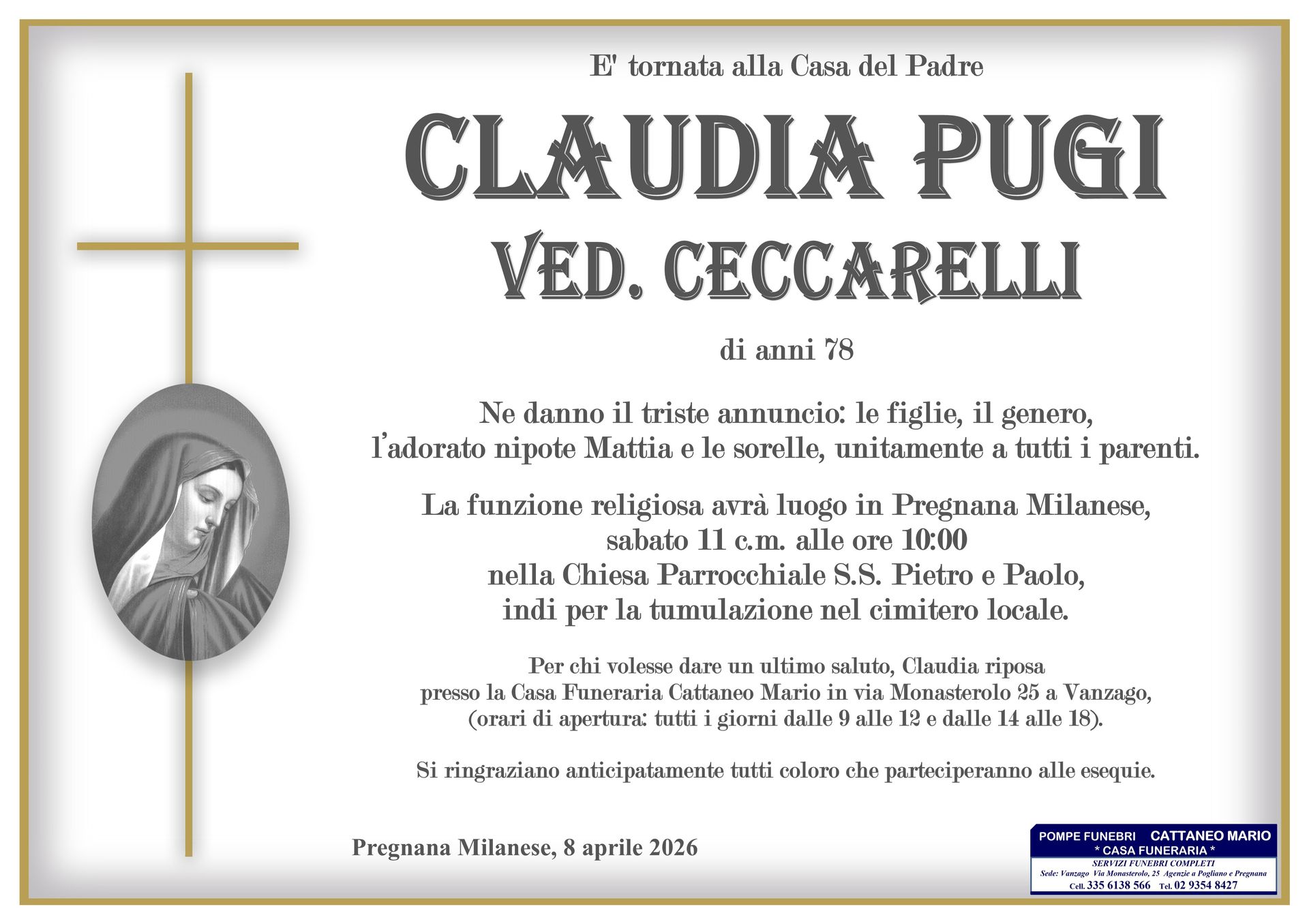 necrologio Claudia Pugi