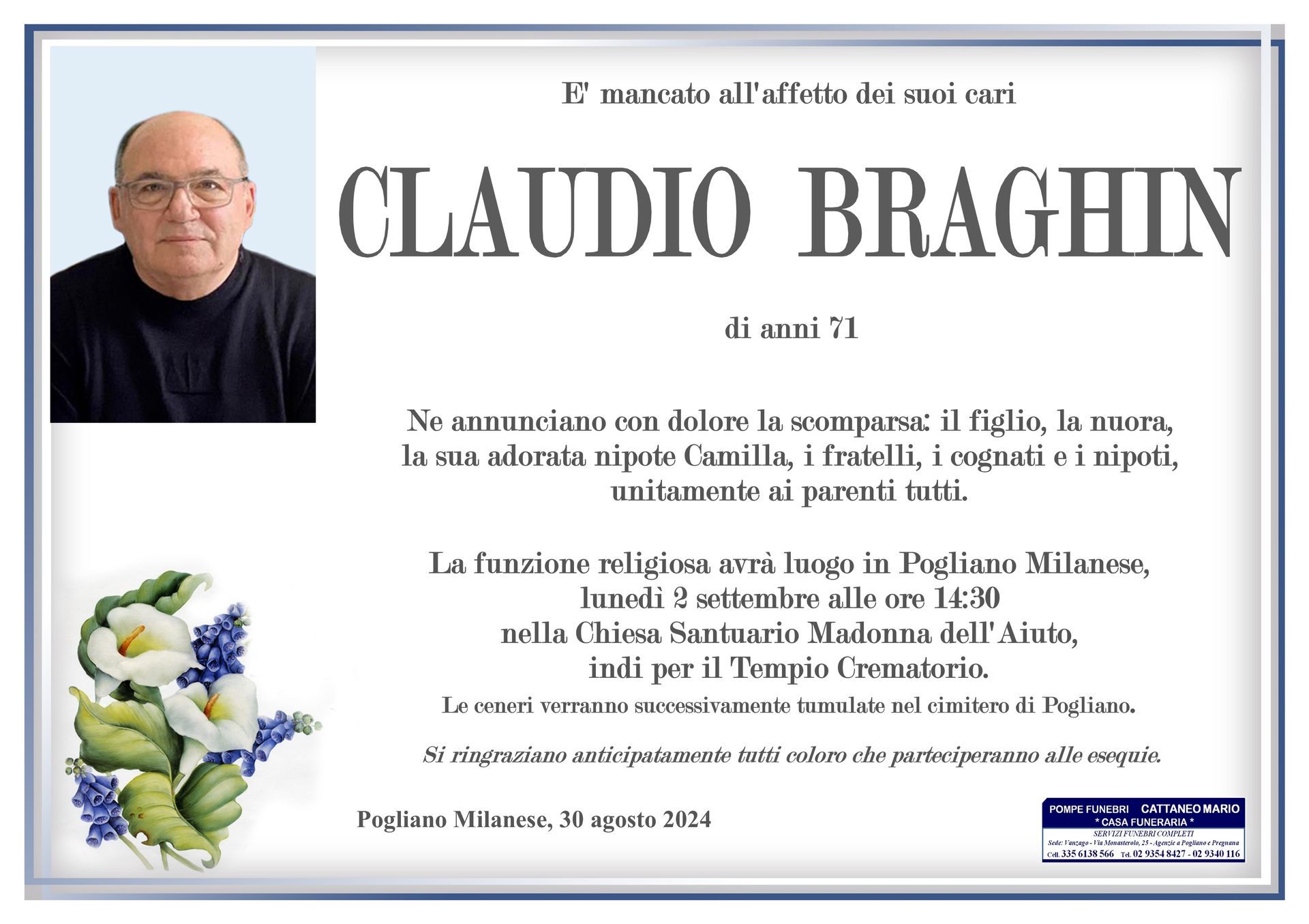 necrologio Claudio Braghin