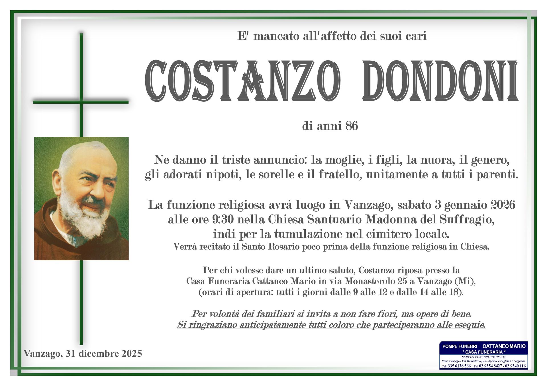 necrologio Costanzo Dondoni