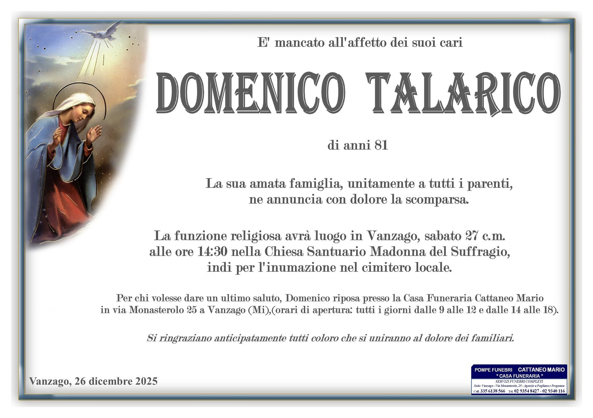 necrologio Domenico Talarico
