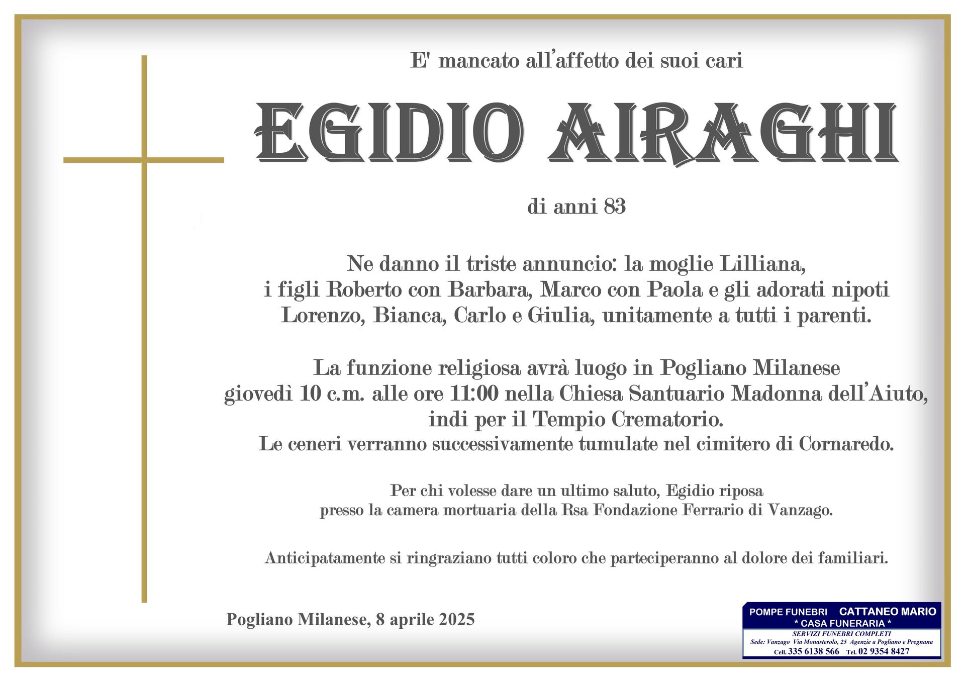 necrologio Egidio Airaghi