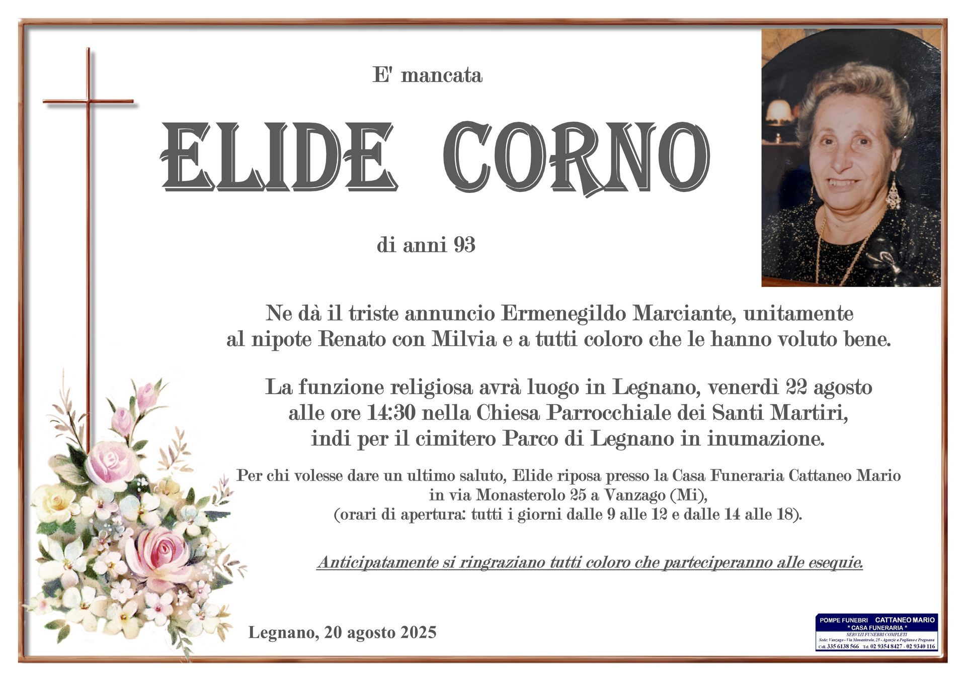 necrologio Elide Corno