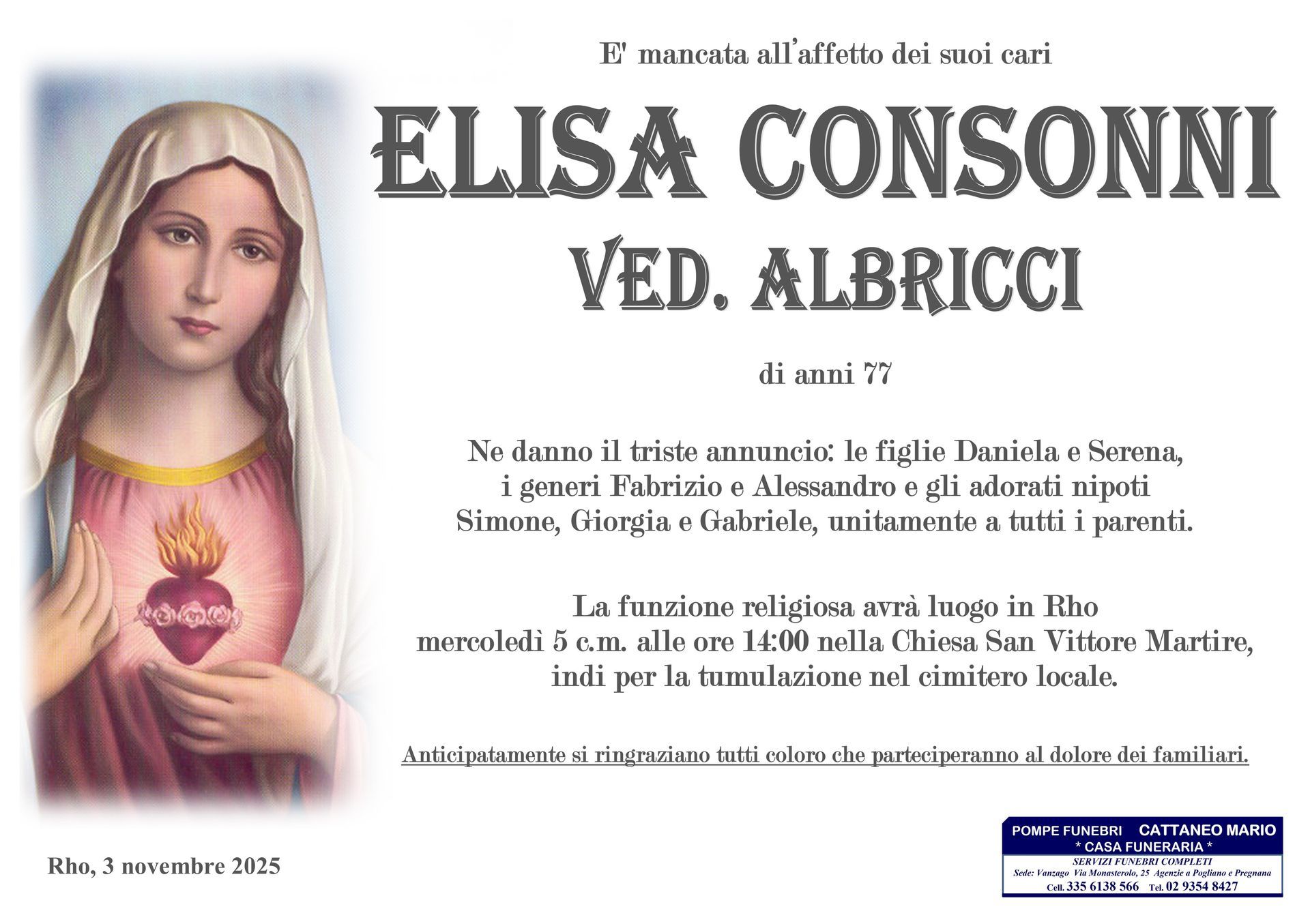 necrologio Elisa Consonni