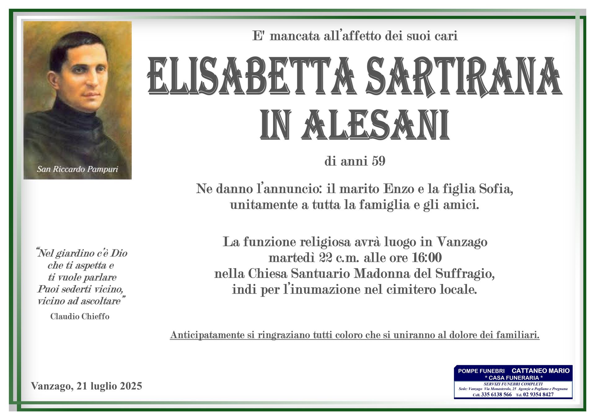 necrologio Elisabetta Sartirana