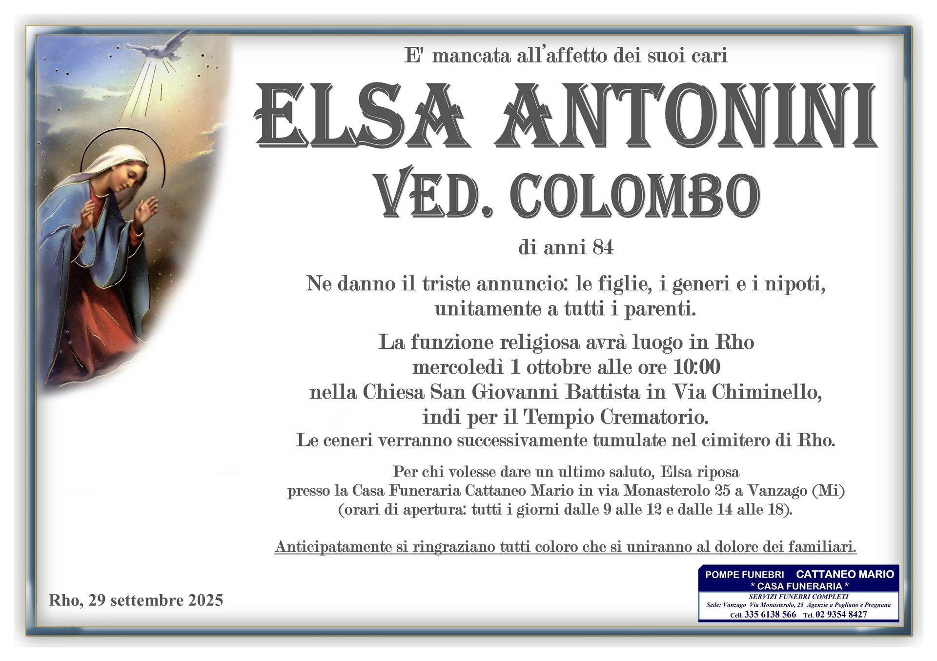 necrologio Elsa Antonini