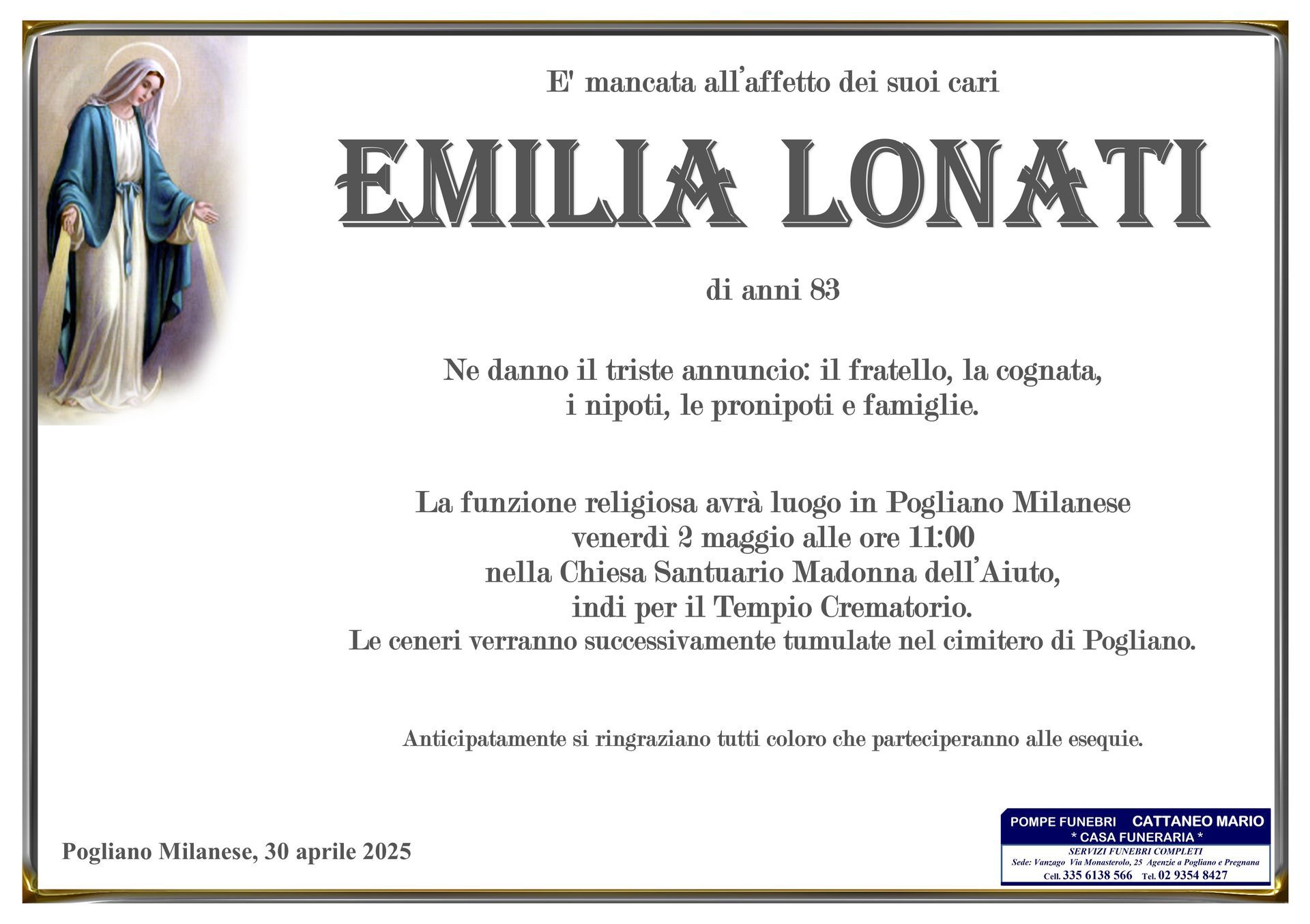 necrologio Emilia Lonati