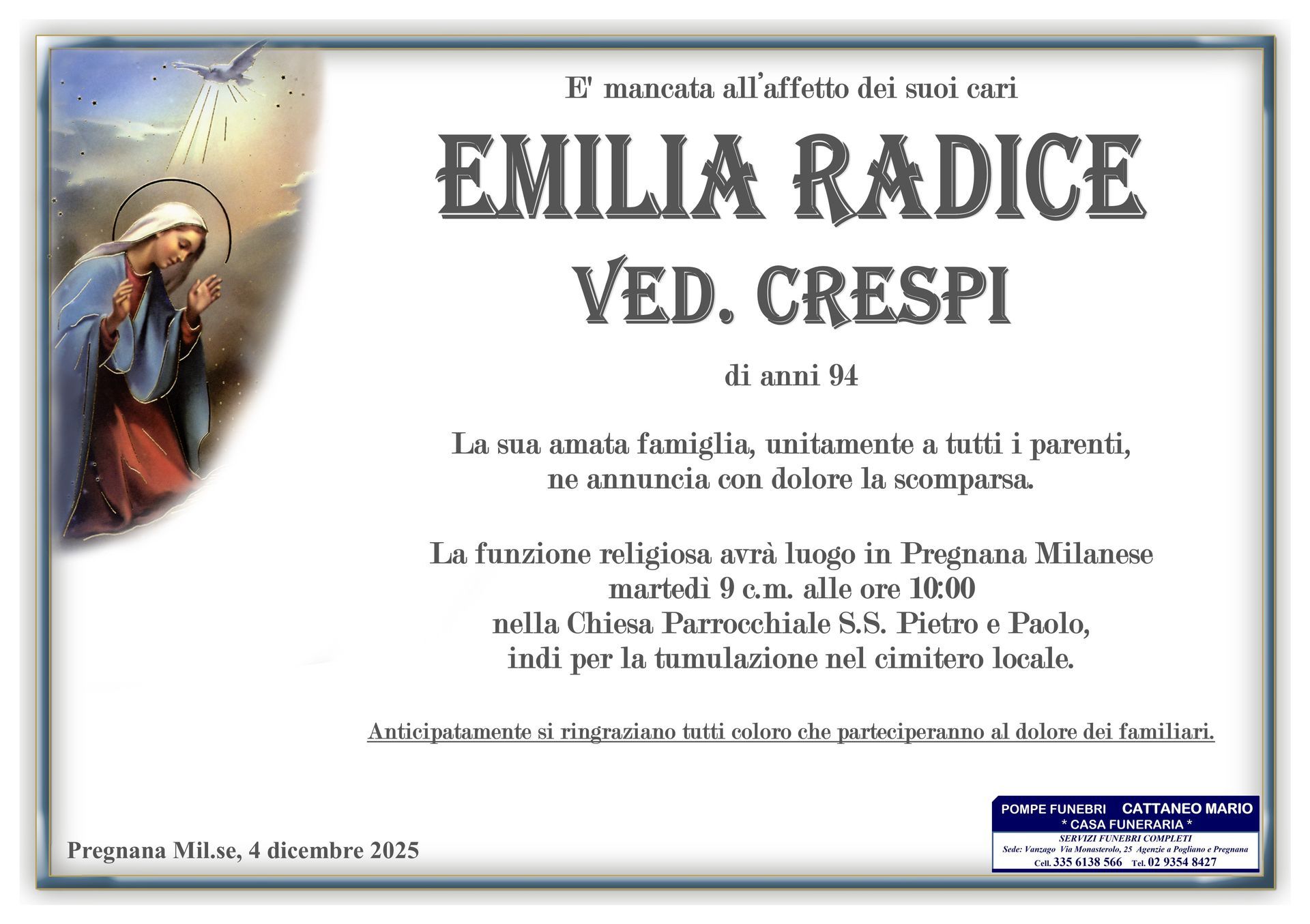 necrologio Emilia Radice