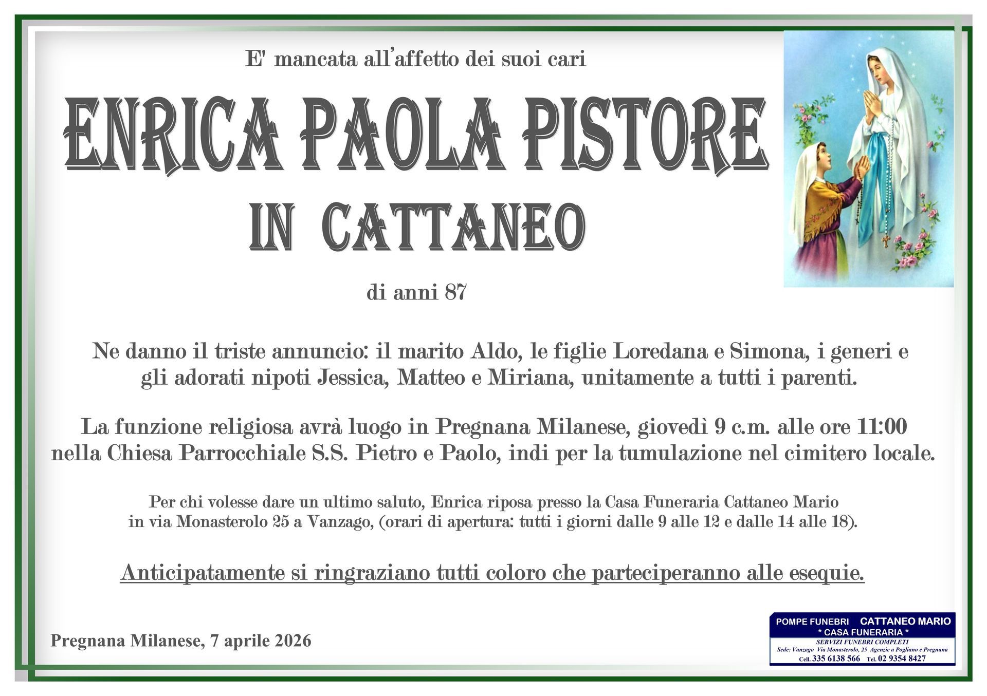 necrologio Enrica Paola Pistore