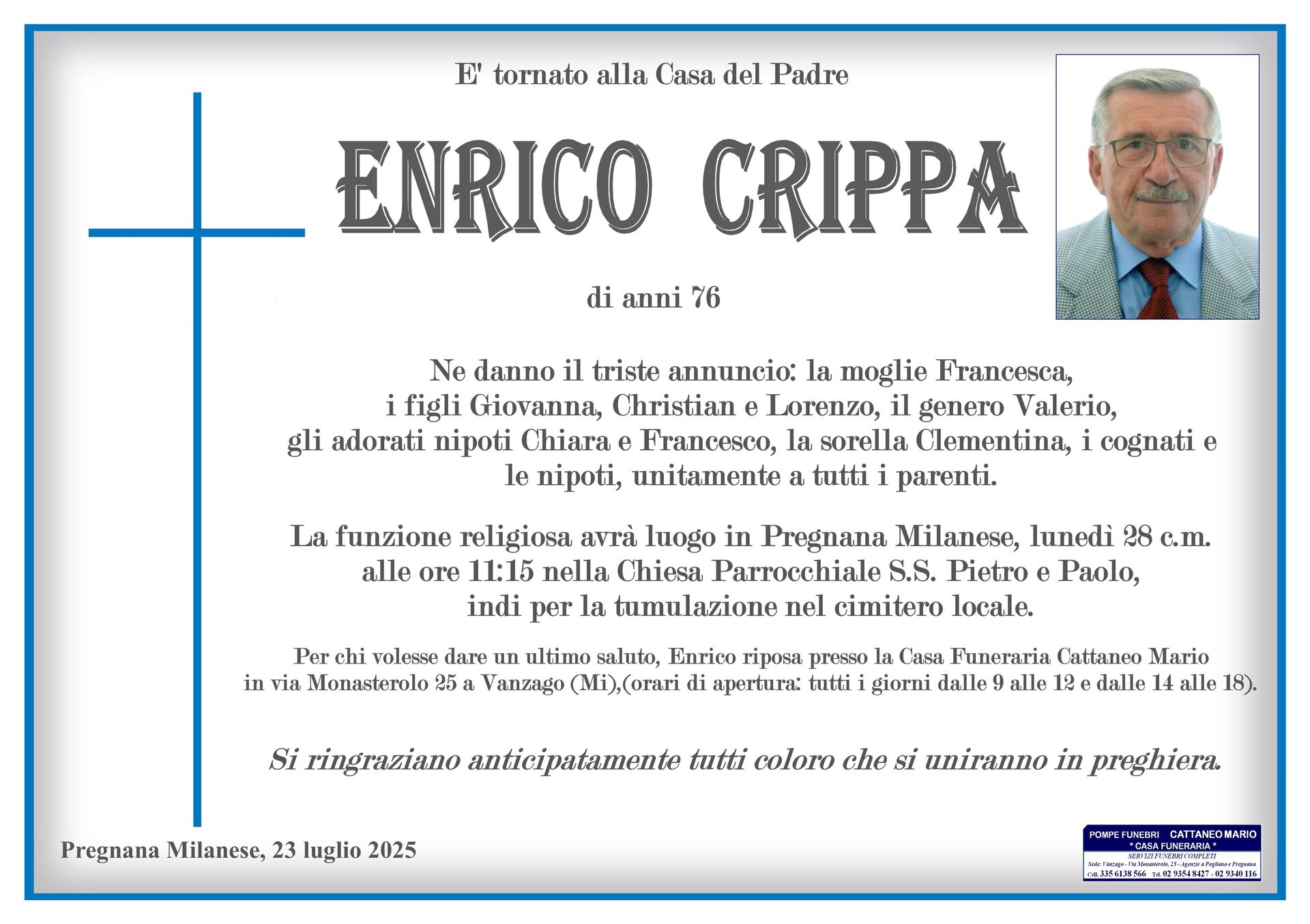 necrologio Enrico Crippa