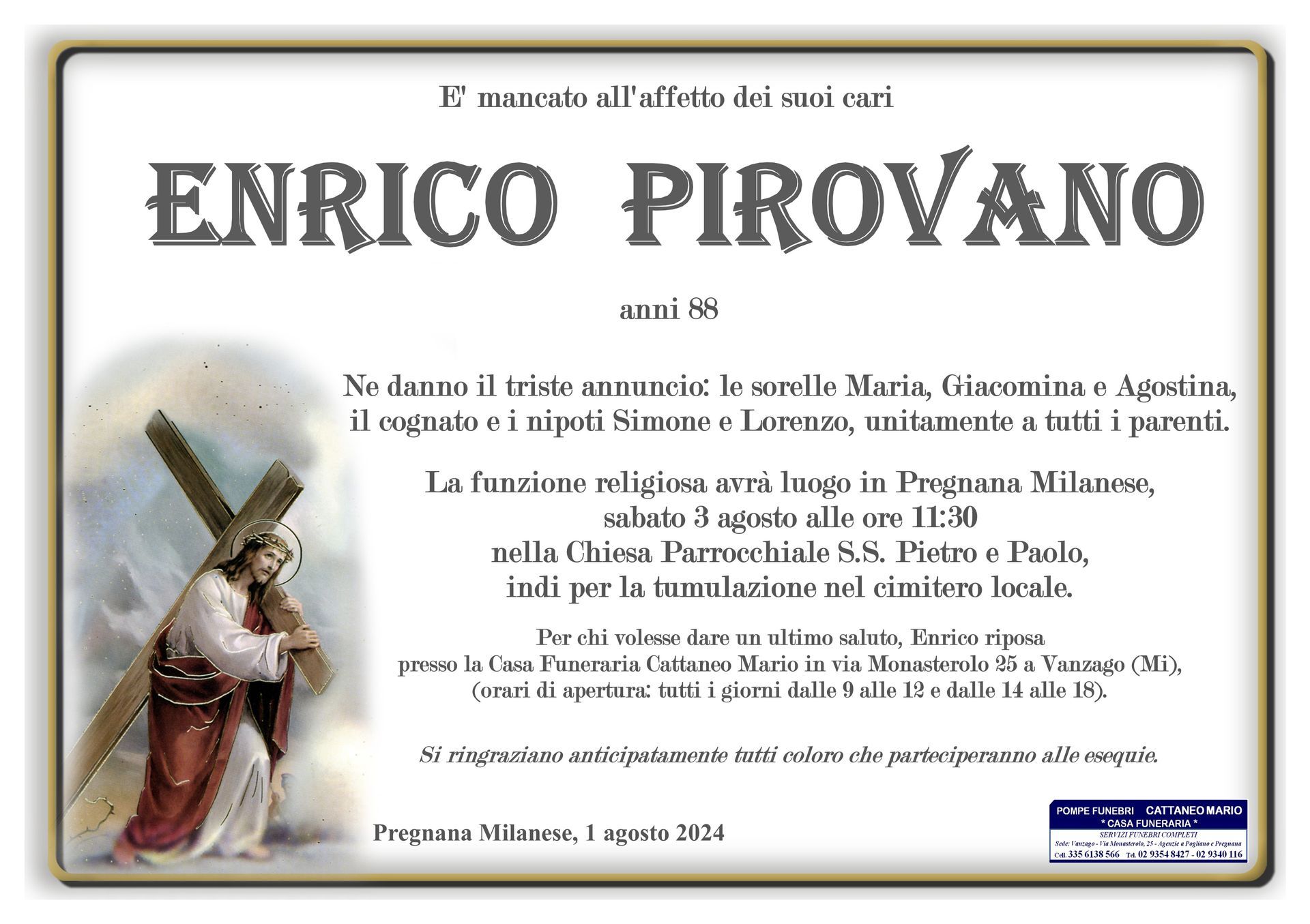 necrologio Enrico Pirovano