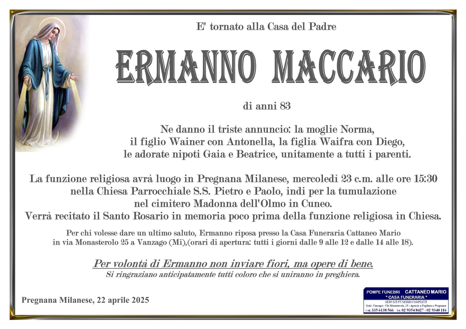 necrologio Ermanno Maccario