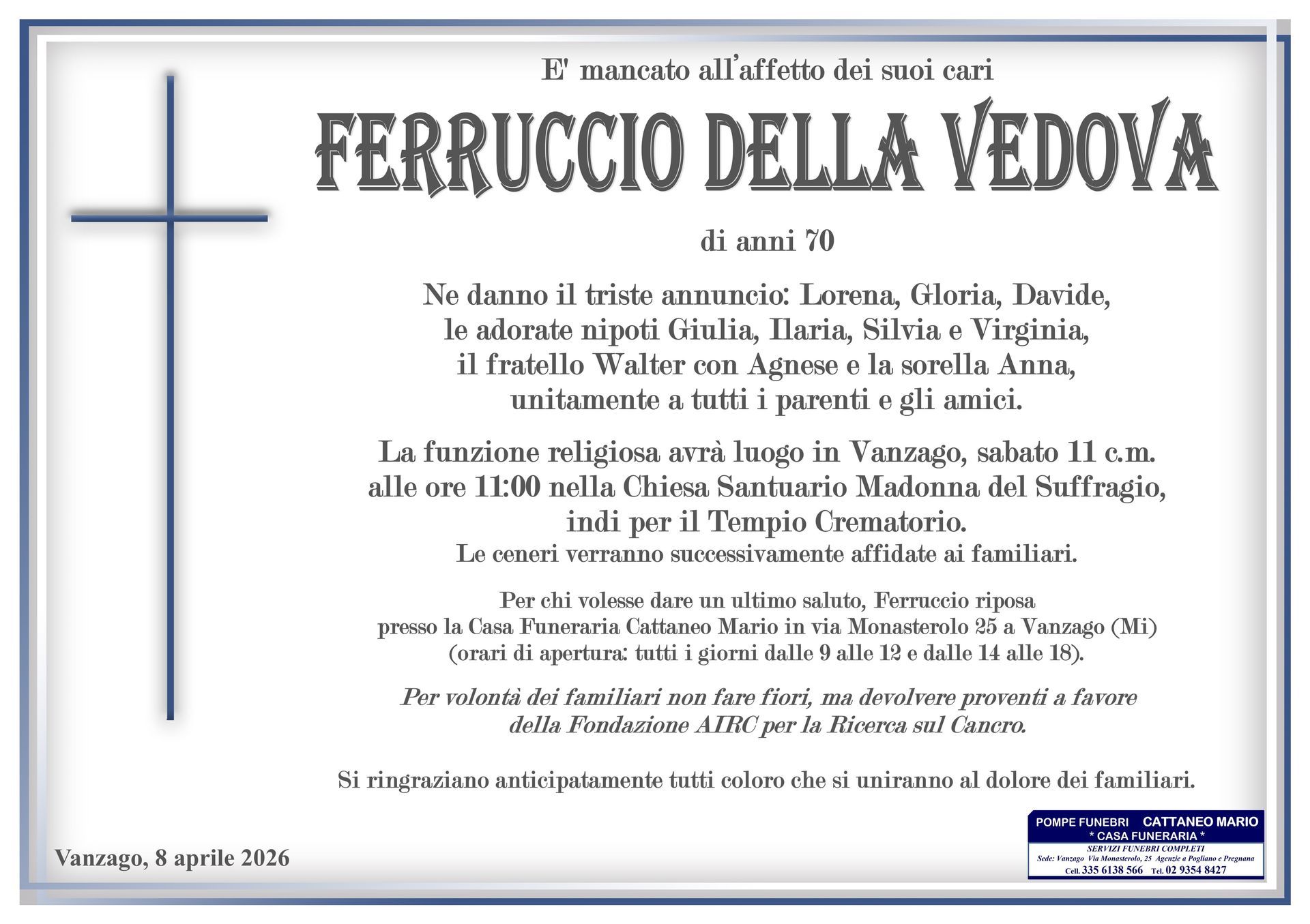 necrologio Ferruccio Della Vedova