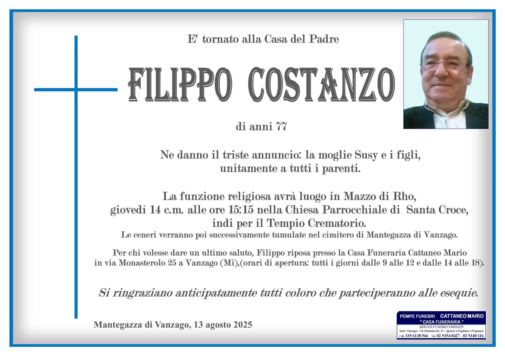 necrologio Filippo Costanzo