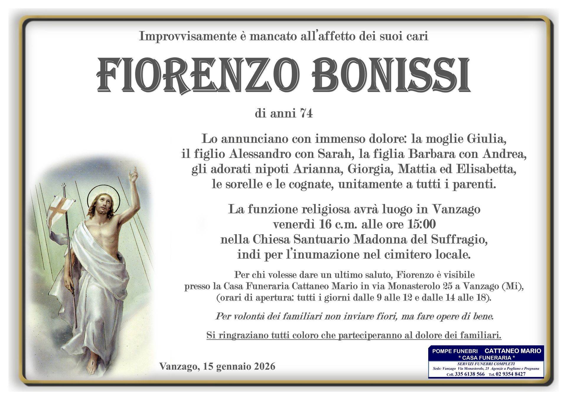 necrologio Fiorenzo Bonissi