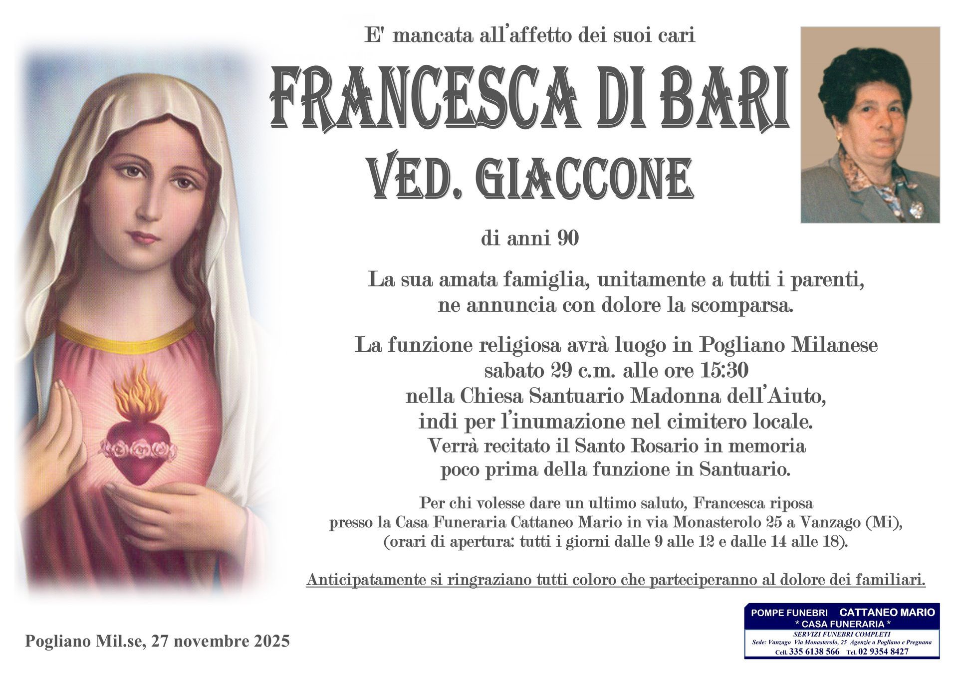 necrologio Francesca Di Bari
