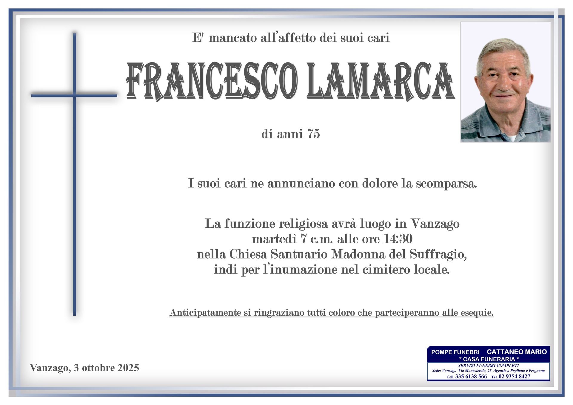 necrologio Francesco Lamarca