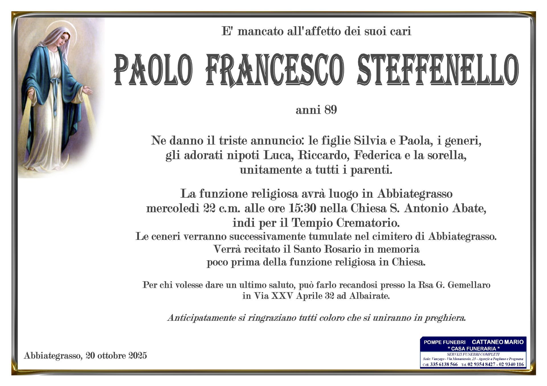 necrologio Paolo Francesco Steffenello