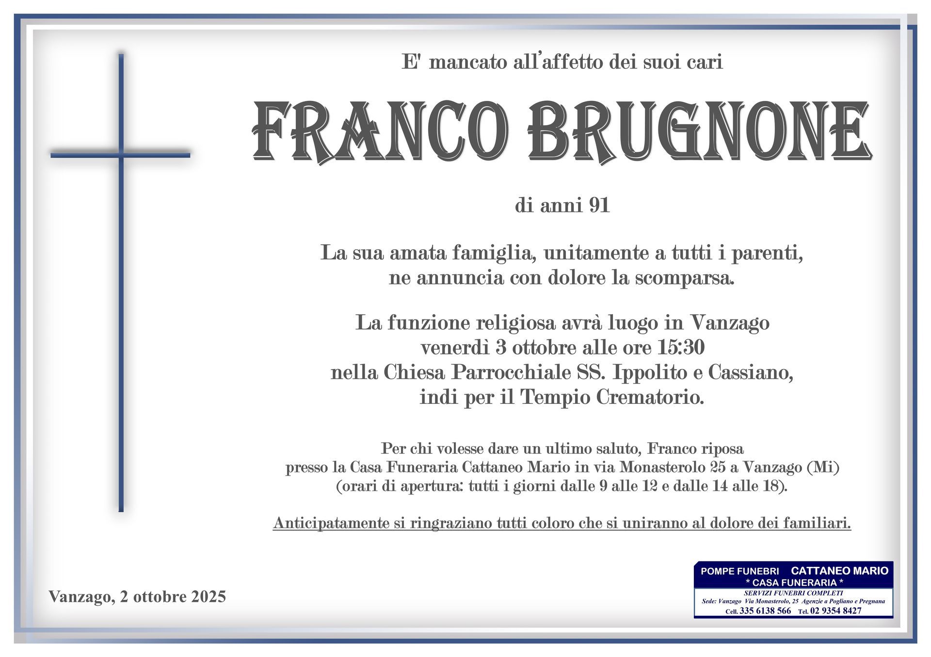 necrologio Franco Brugnone