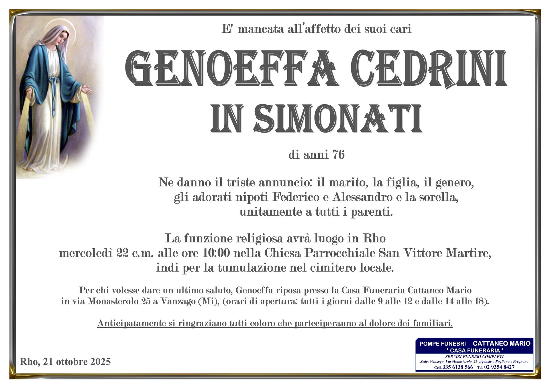 necrologio Genoeffa Cedrini