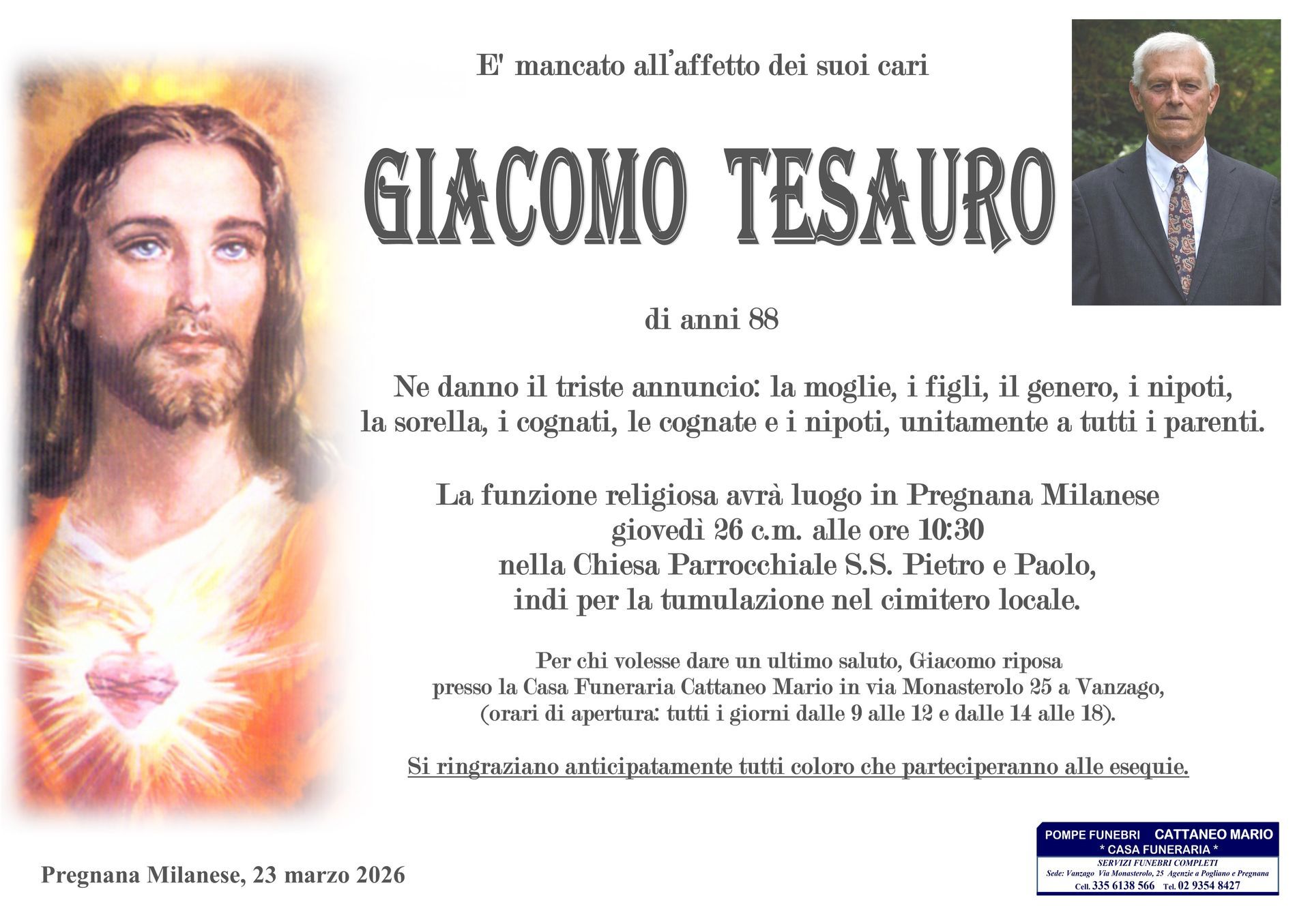 necrologio Giacomo Tesauro