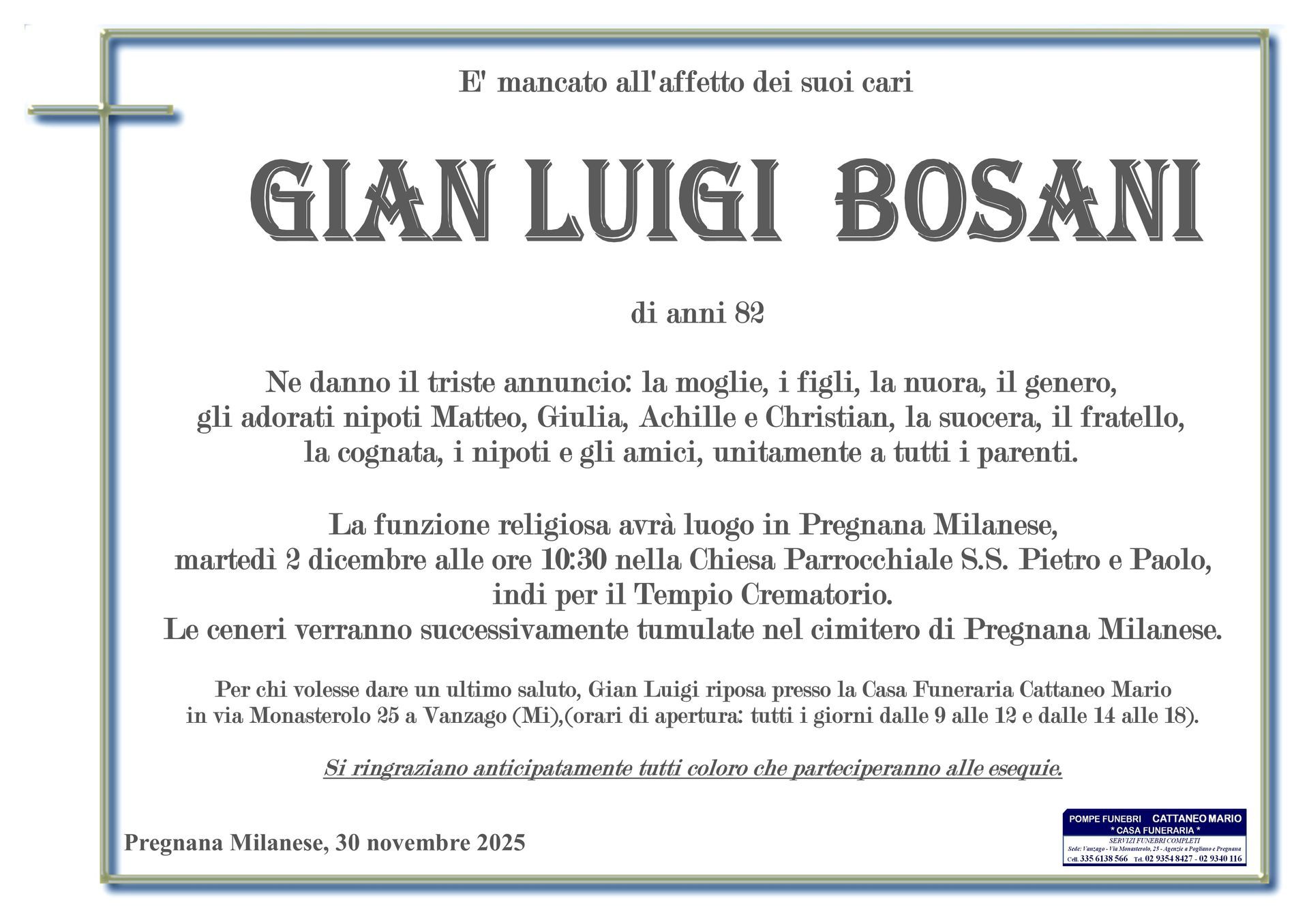necrologio Gian Luigi Bosani