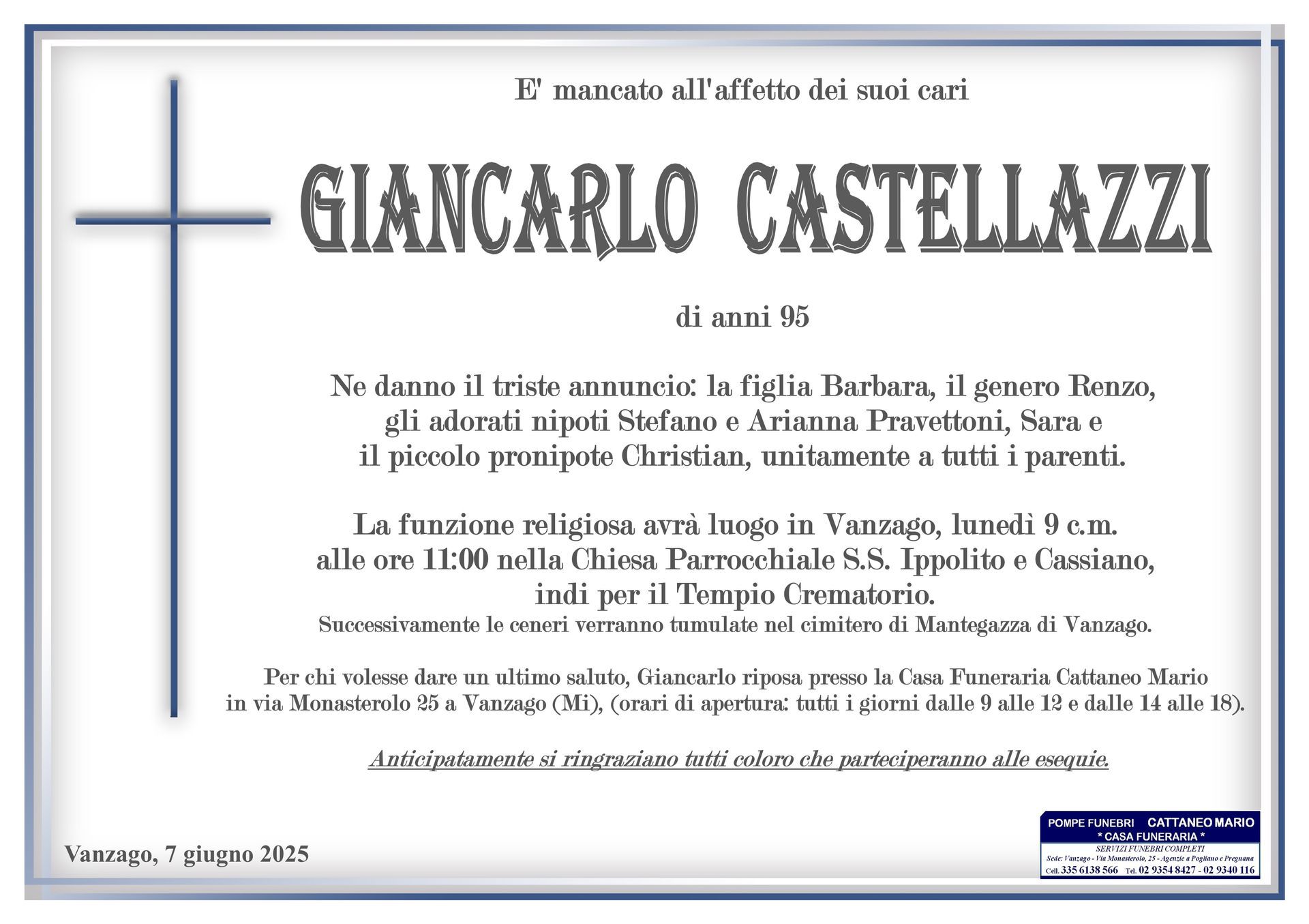 necrologio Giancarlo Castellazzi