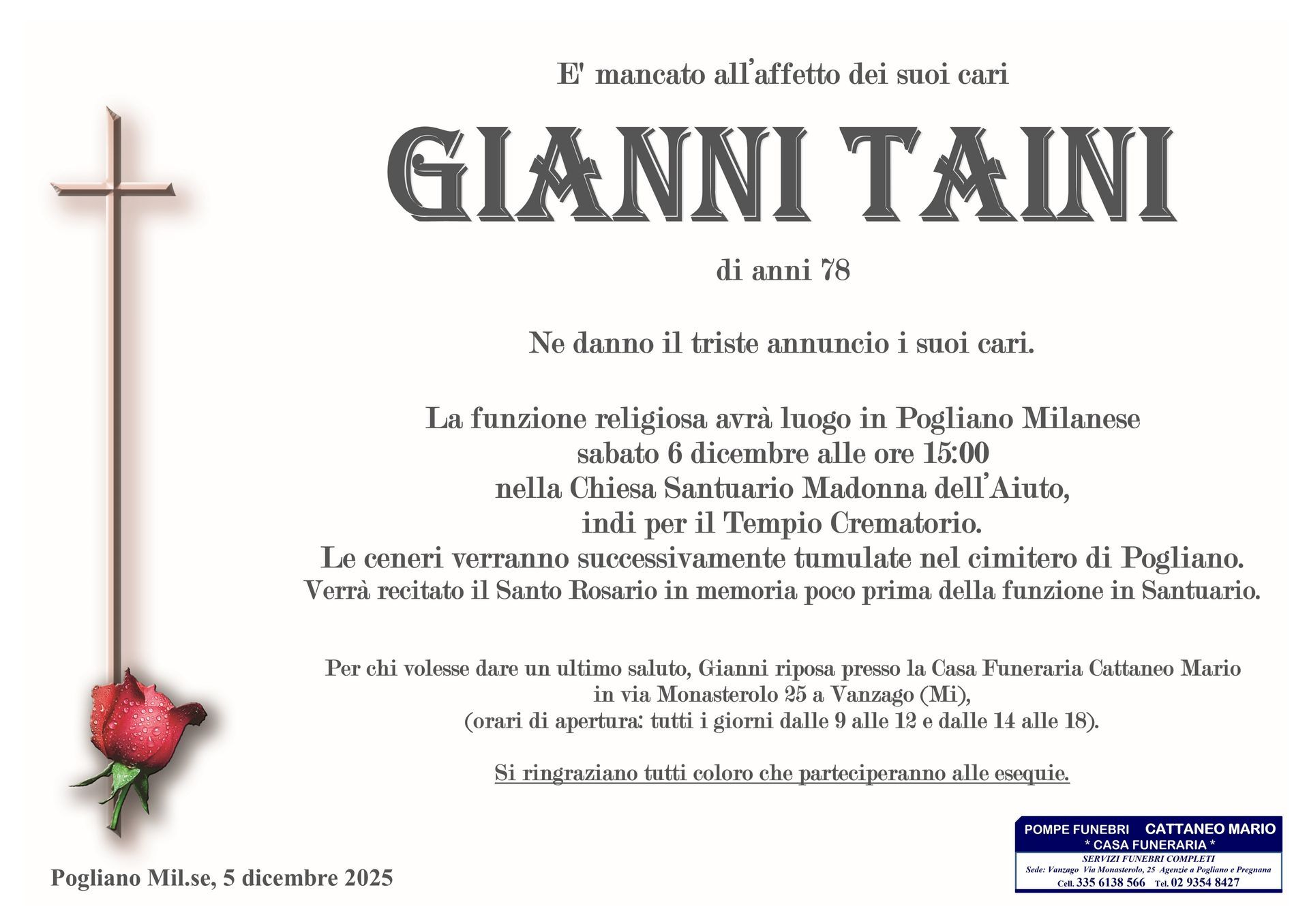 necrologio Gianni Taini