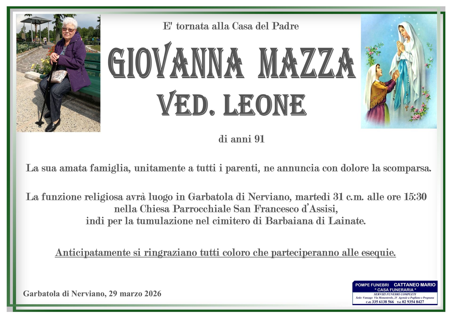 necrologio Giovanna Mazza