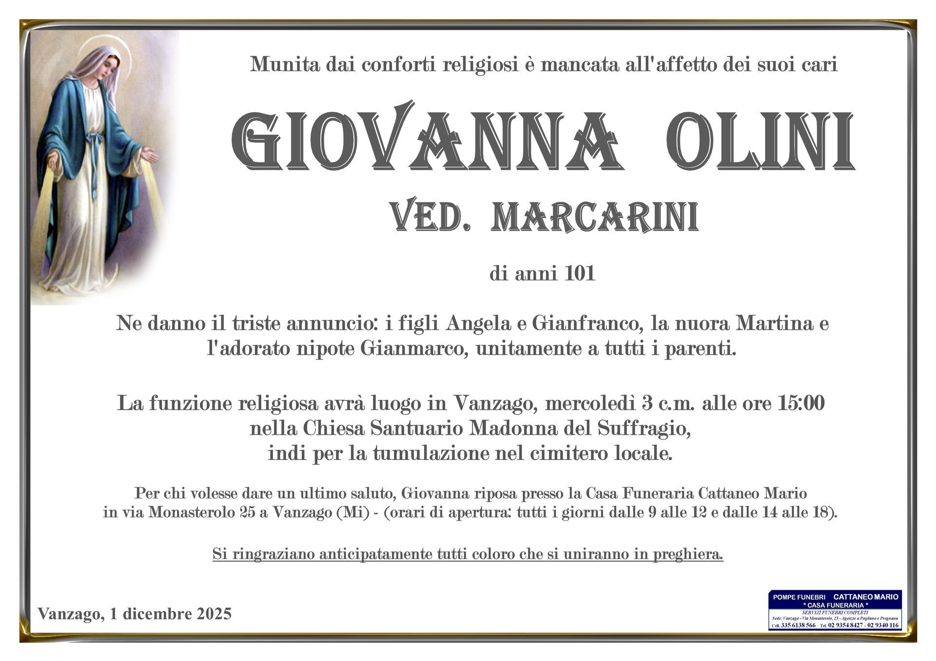 necrologio Giovana Olini