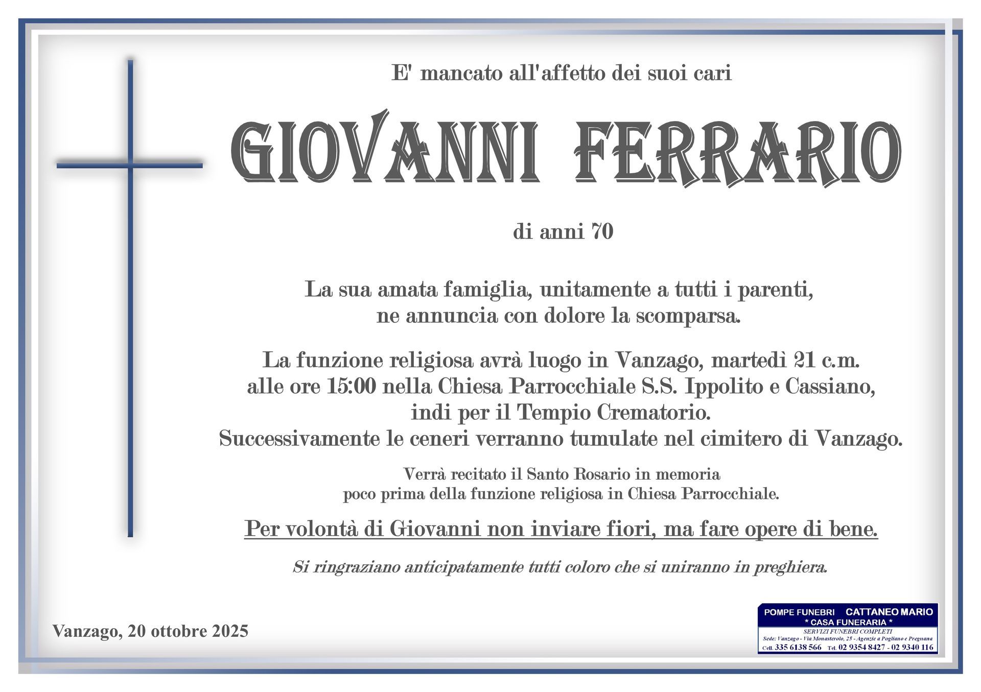 necrologio Giovanni Ferrario