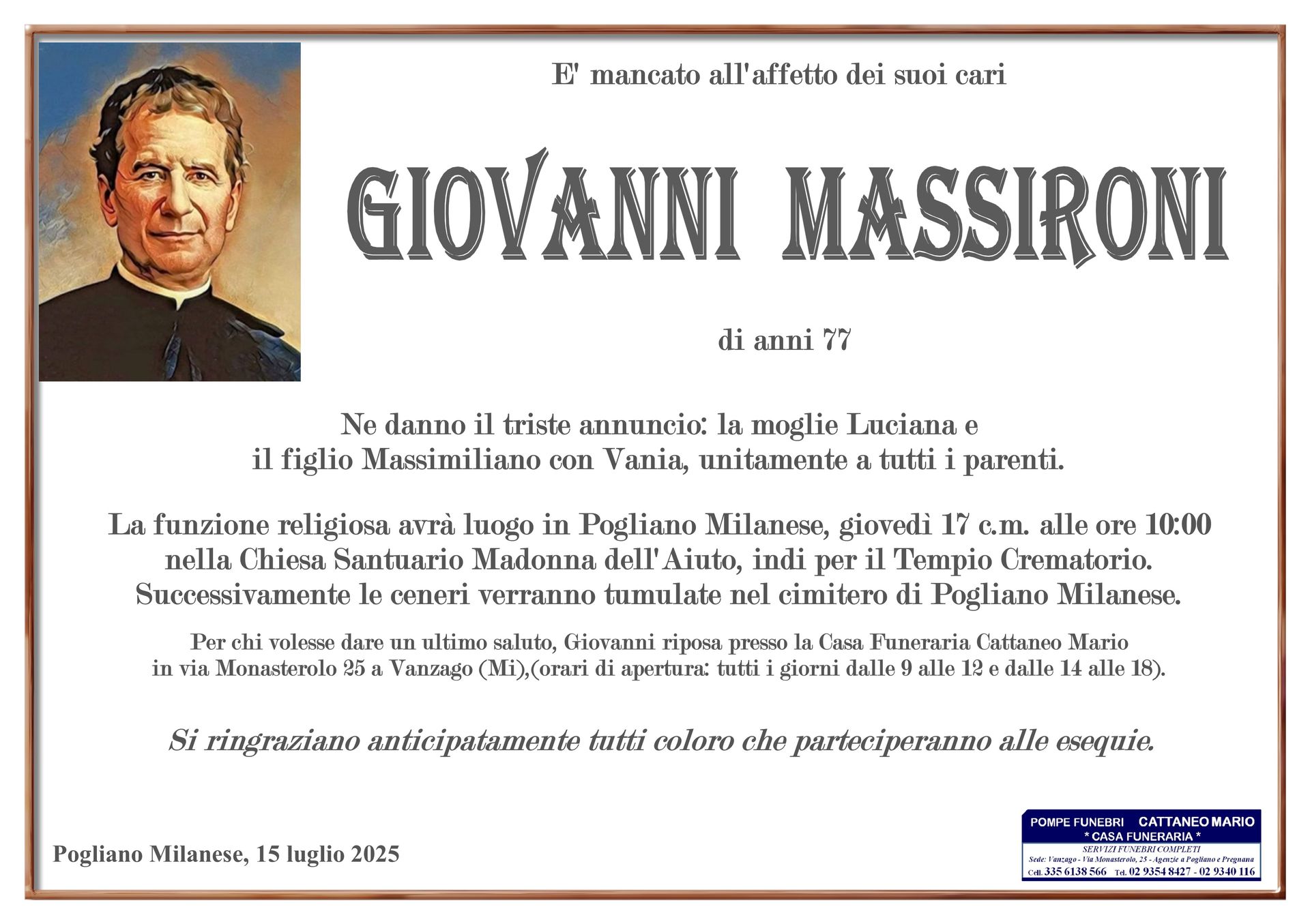 necrologio Giovanni Massironi