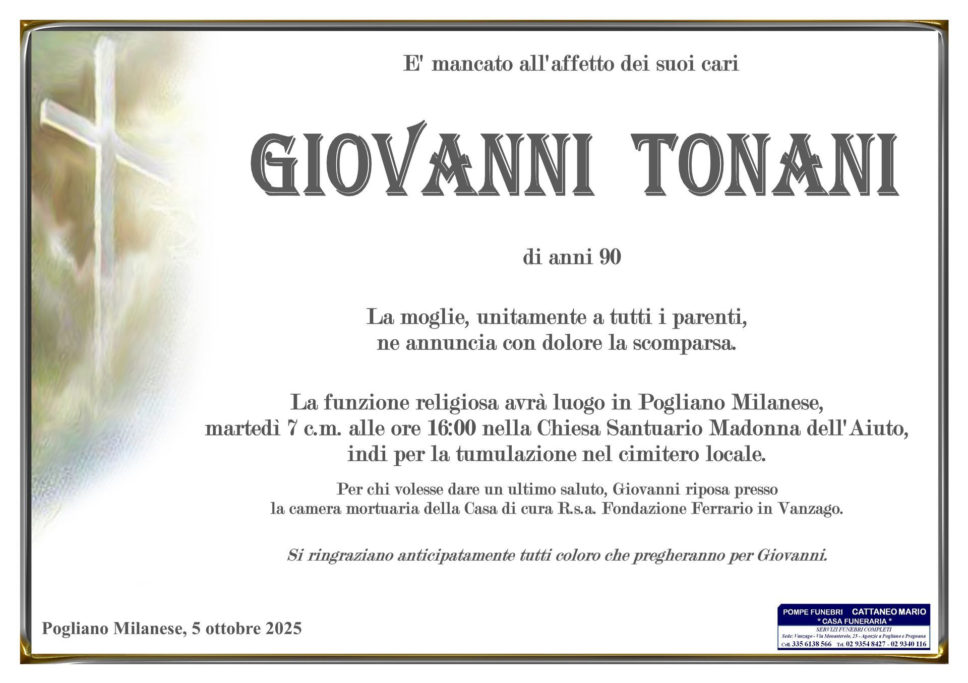 necrologio Giovanni Tonani